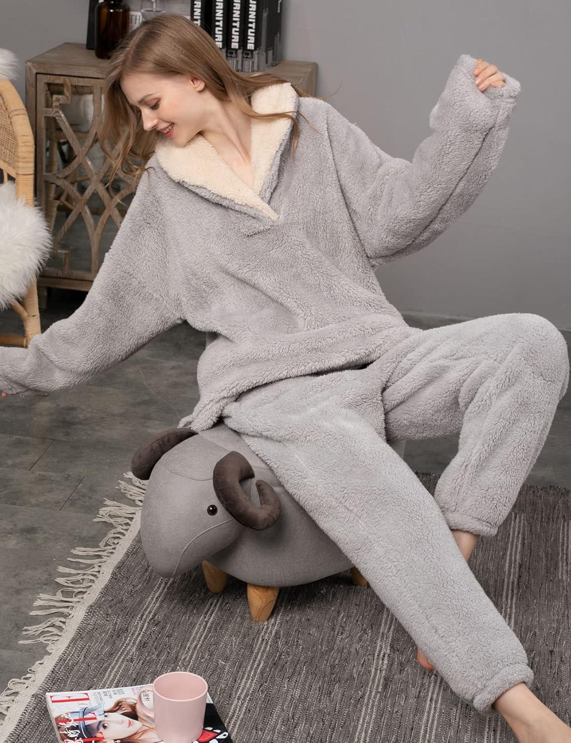 imageFlygo Women Fuzzy Warm Fleece Pajamas Sets Winter Flannel Sleepwear Fluffy Pajama Pullover Top Lounge Pants SetGrey