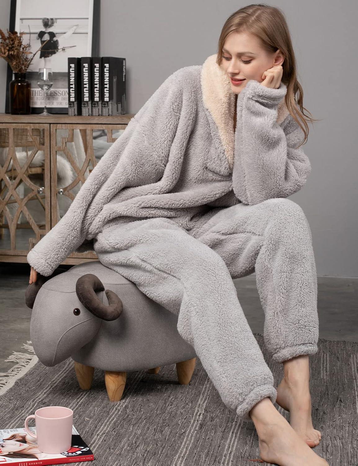 imageFlygo Women Fuzzy Warm Fleece Pajamas Sets Winter Flannel Sleepwear Fluffy Pajama Pullover Top Lounge Pants SetGrey