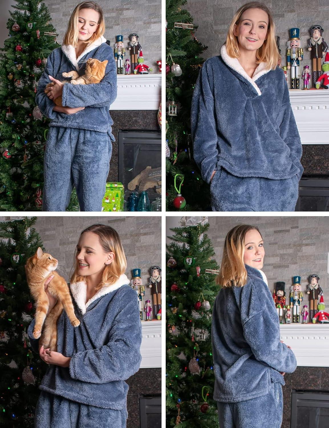 imageFlygo Women Fuzzy Warm Fleece Pajamas Sets Winter Flannel Sleepwear Fluffy Pajama Pullover Top Lounge Pants SetNavy