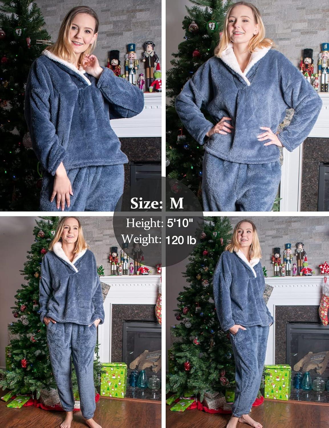 imageFlygo Women Fuzzy Warm Fleece Pajamas Sets Winter Flannel Sleepwear Fluffy Pajama Pullover Top Lounge Pants SetNavy