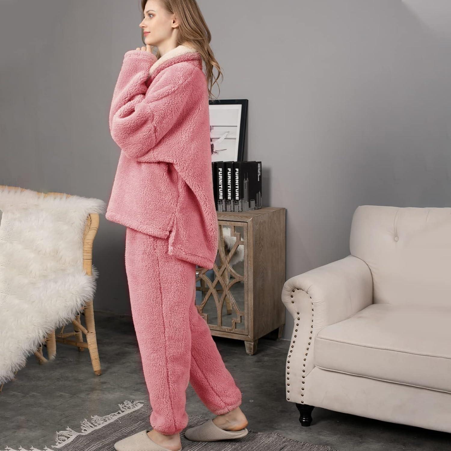 imageFlygo Women Fuzzy Warm Fleece Pajamas Sets Winter Flannel Sleepwear Fluffy Pajama Pullover Top Lounge Pants SetPink