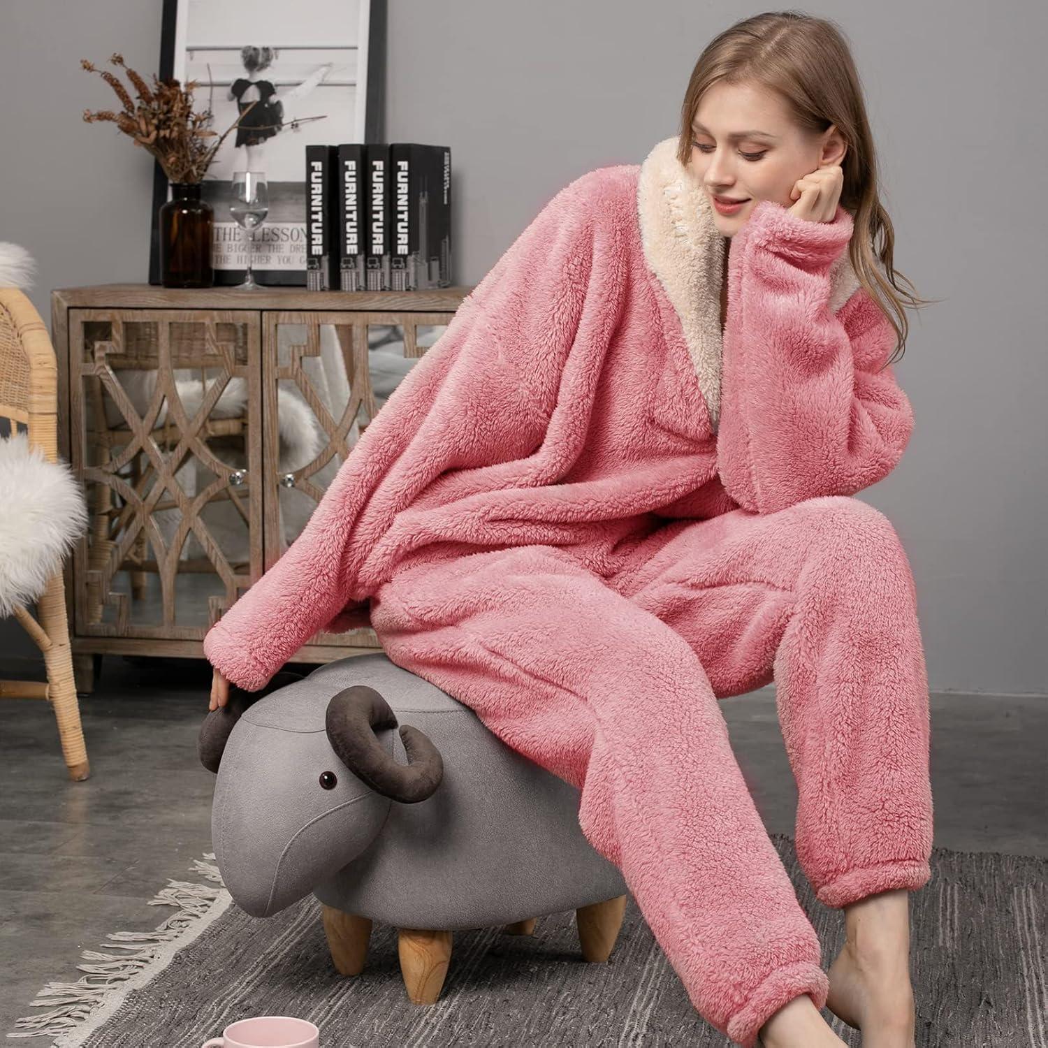 imageFlygo Women Fuzzy Warm Fleece Pajamas Sets Winter Flannel Sleepwear Fluffy Pajama Pullover Top Lounge Pants SetPink