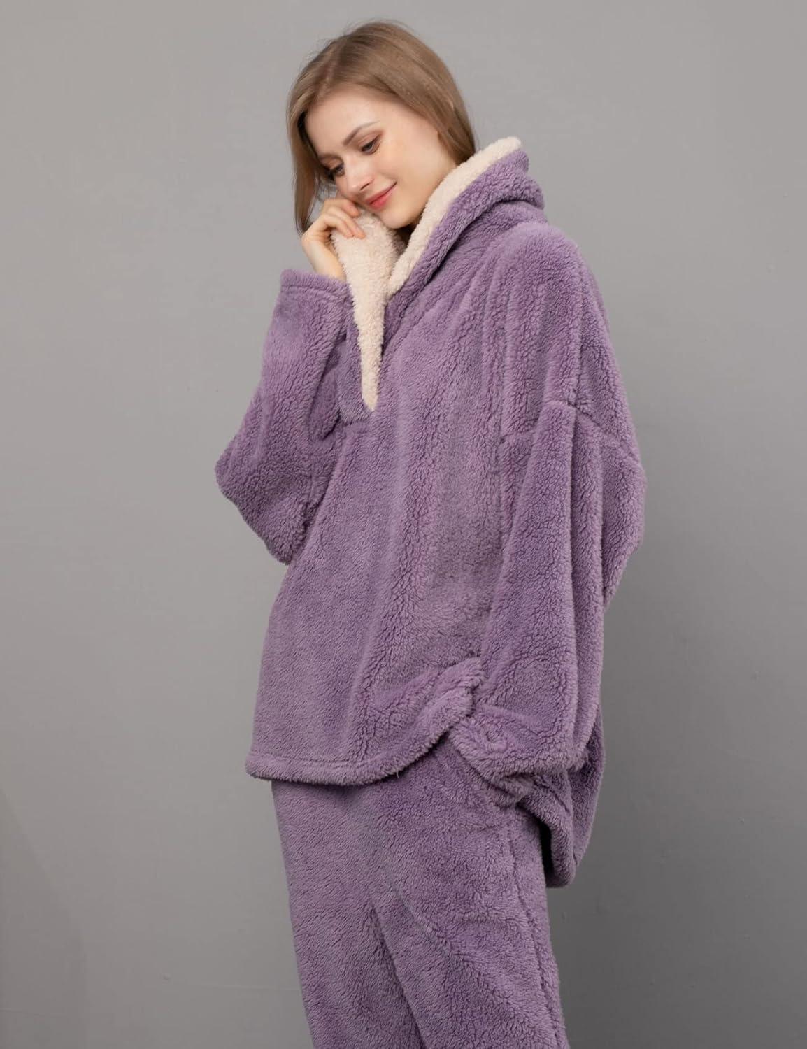 imageFlygo Women Fuzzy Warm Fleece Pajamas Sets Winter Flannel Sleepwear Fluffy Pajama Pullover Top Lounge Pants SetPurple
