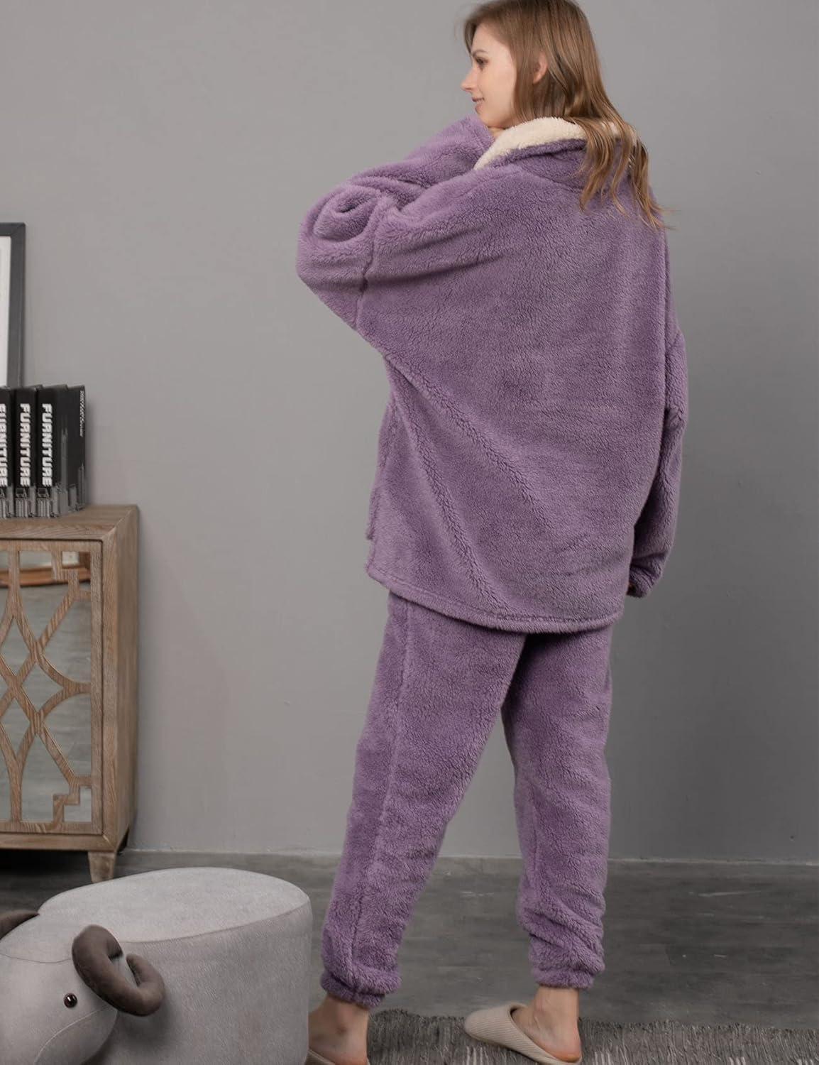 imageFlygo Women Fuzzy Warm Fleece Pajamas Sets Winter Flannel Sleepwear Fluffy Pajama Pullover Top Lounge Pants SetPurple