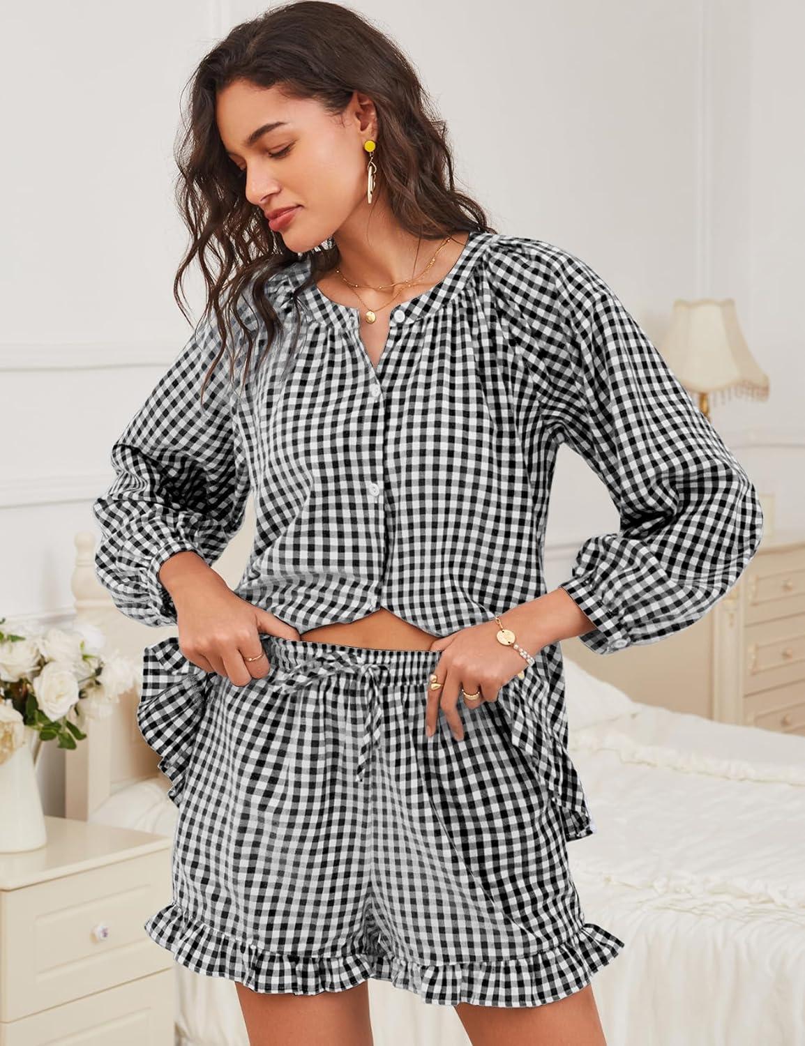 imageFlygo Women Gingham 2 Piece Pajama Sets Y2K Plaid Ruffle Short Sets Raglan Sleeve Shirt Lounge Shorts Sleepwear with PocketsBlack
