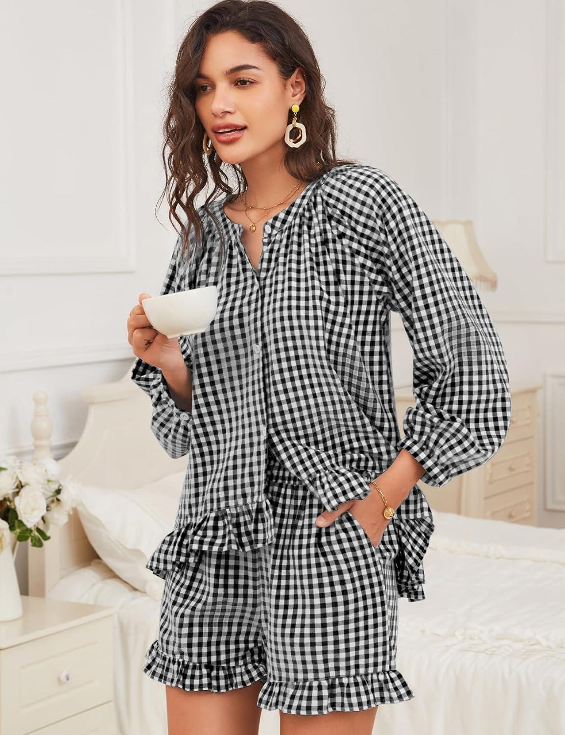 imageFlygo Women Gingham 2 Piece Pajama Sets Y2K Plaid Ruffle Short Sets Raglan Sleeve Shirt Lounge Shorts Sleepwear with PocketsBlack