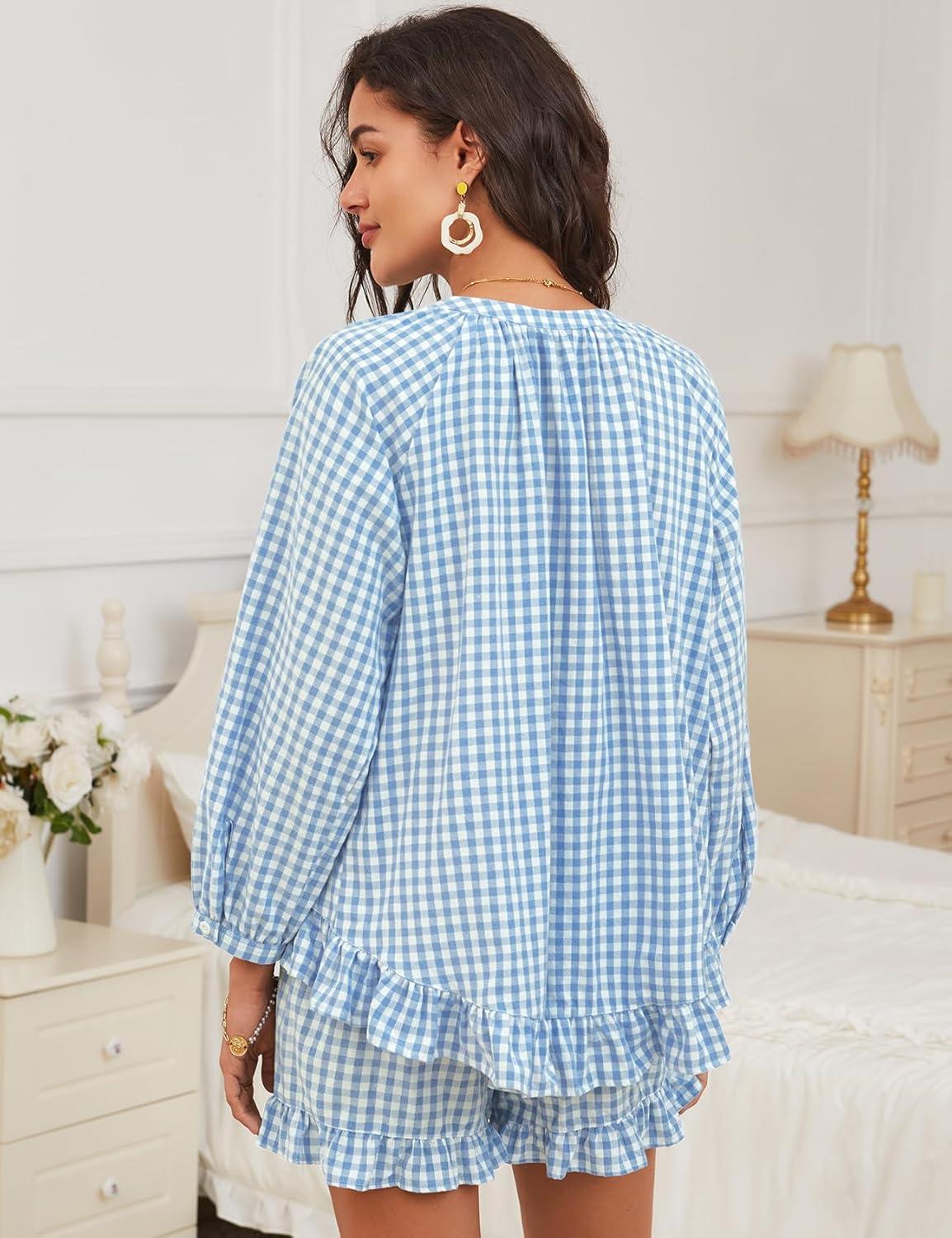 imageFlygo Women Gingham 2 Piece Pajama Sets Y2K Plaid Ruffle Short Sets Raglan Sleeve Shirt Lounge Shorts Sleepwear with PocketsBlue