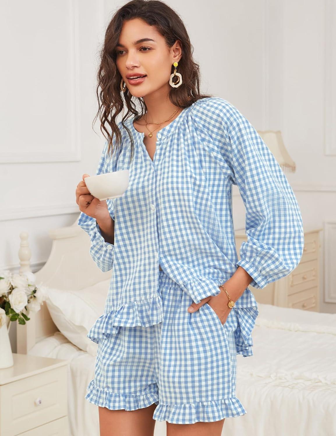 imageFlygo Women Gingham 2 Piece Pajama Sets Y2K Plaid Ruffle Short Sets Raglan Sleeve Shirt Lounge Shorts Sleepwear with PocketsBlue