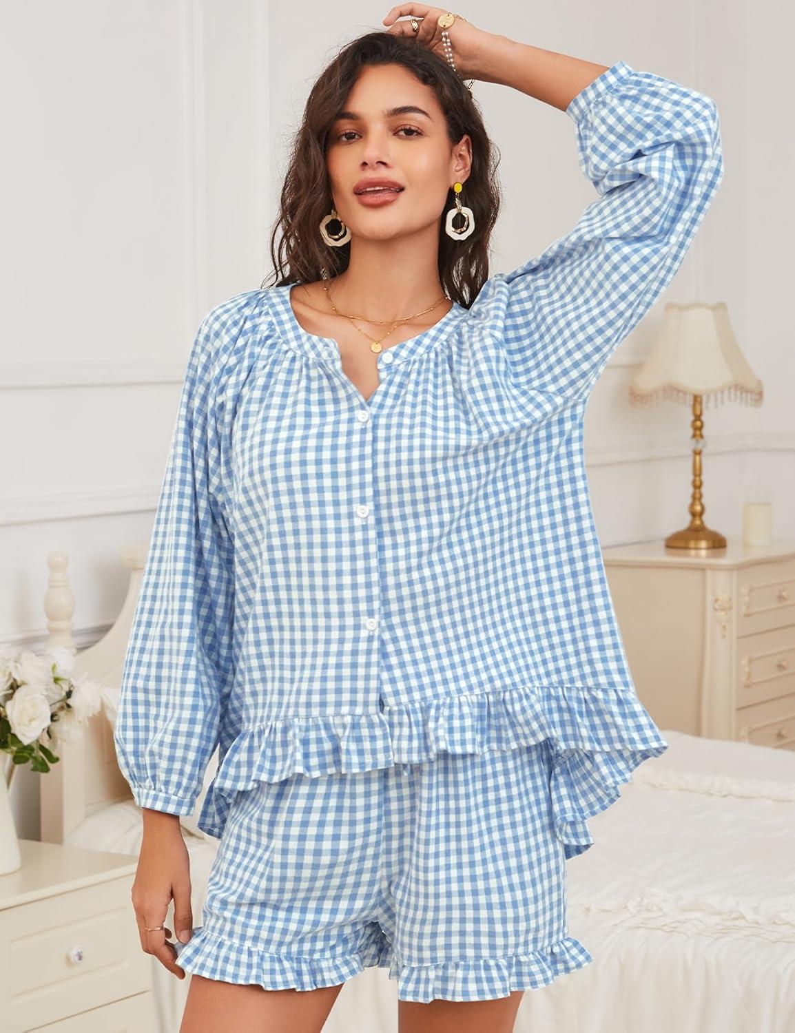 imageFlygo Women Gingham 2 Piece Pajama Sets Y2K Plaid Ruffle Short Sets Raglan Sleeve Shirt Lounge Shorts Sleepwear with PocketsBlue