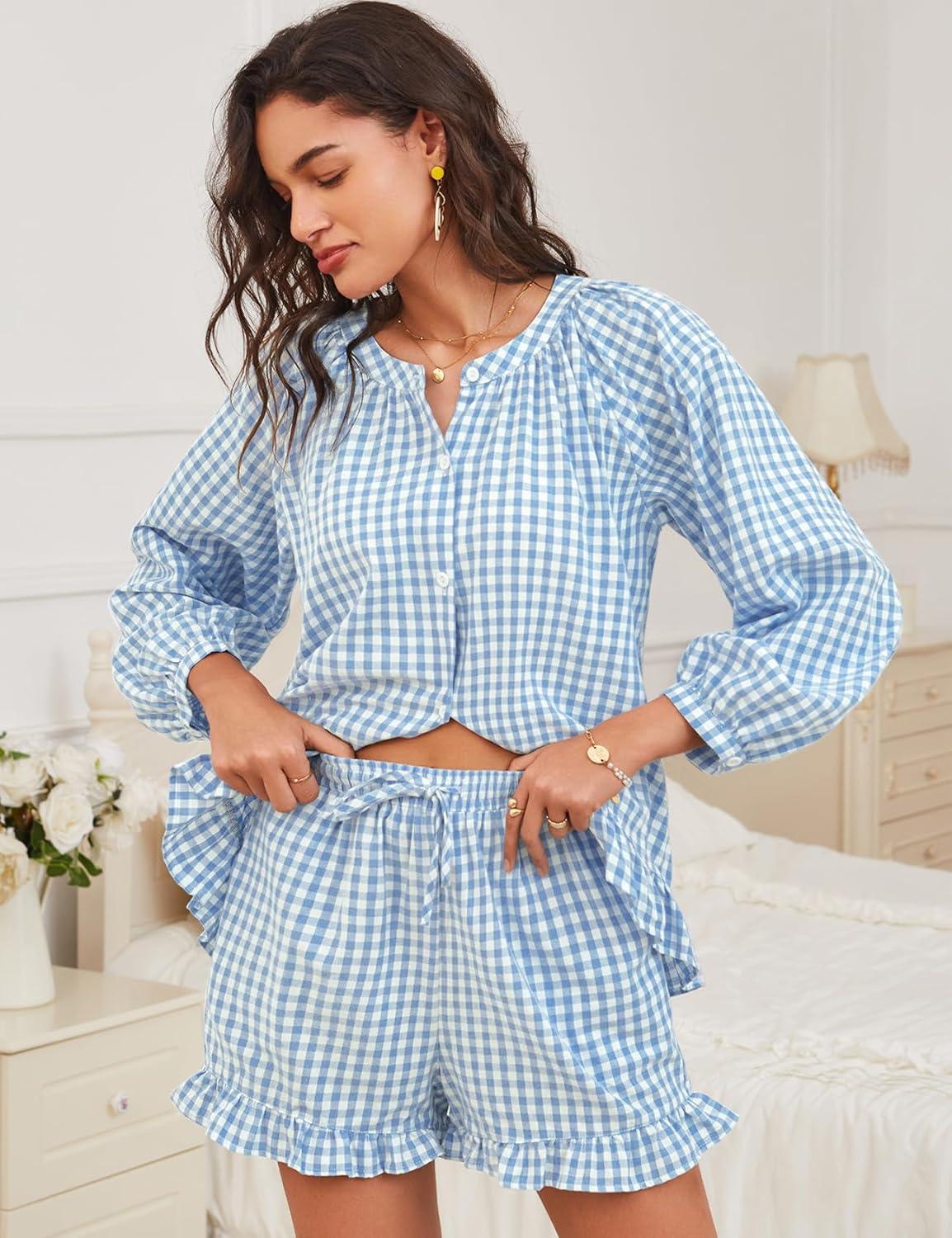 imageFlygo Women Gingham 2 Piece Pajama Sets Y2K Plaid Ruffle Short Sets Raglan Sleeve Shirt Lounge Shorts Sleepwear with PocketsBlue