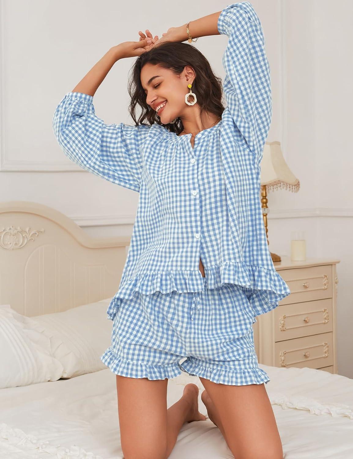 imageFlygo Women Gingham 2 Piece Pajama Sets Y2K Plaid Ruffle Short Sets Raglan Sleeve Shirt Lounge Shorts Sleepwear with PocketsBlue