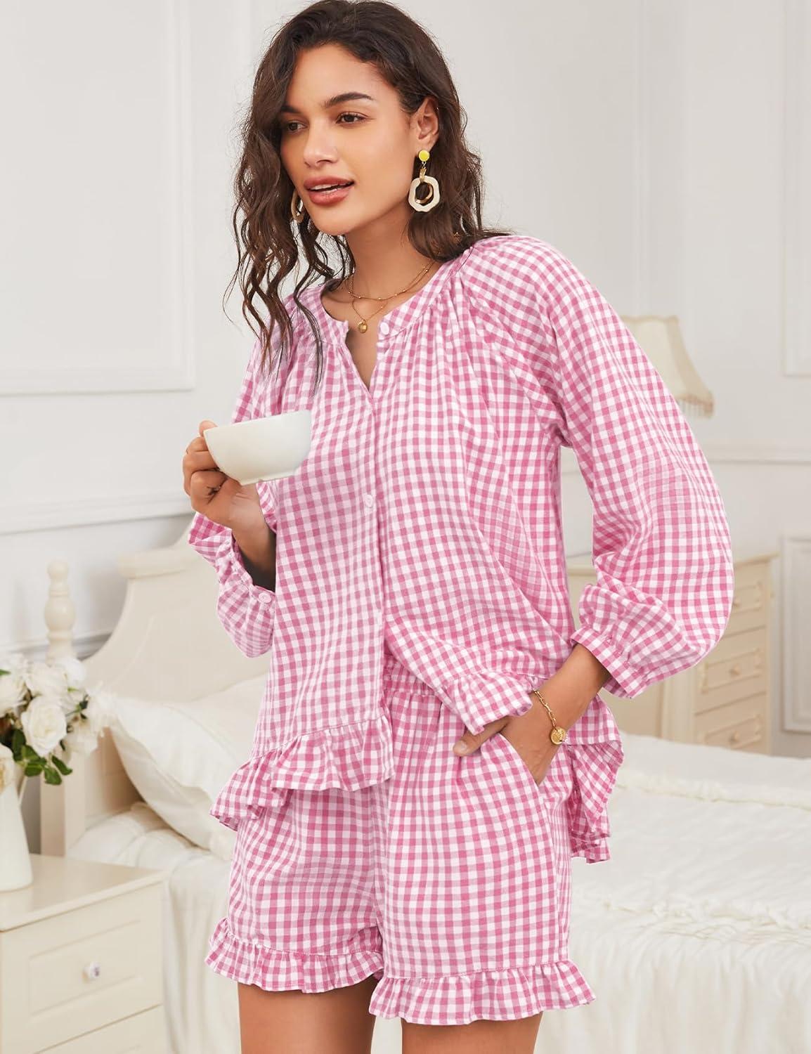 imageFlygo Women Gingham 2 Piece Pajama Sets Y2K Plaid Ruffle Short Sets Raglan Sleeve Shirt Lounge Shorts Sleepwear with PocketsPink