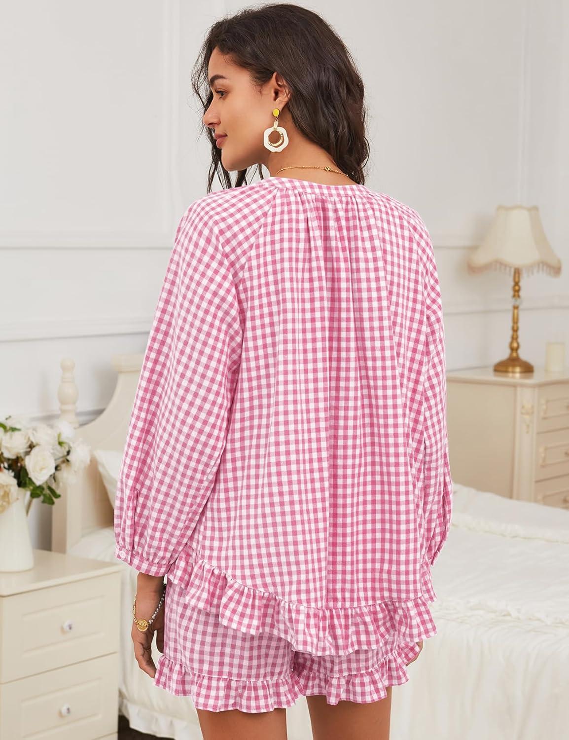 imageFlygo Women Gingham 2 Piece Pajama Sets Y2K Plaid Ruffle Short Sets Raglan Sleeve Shirt Lounge Shorts Sleepwear with PocketsPink
