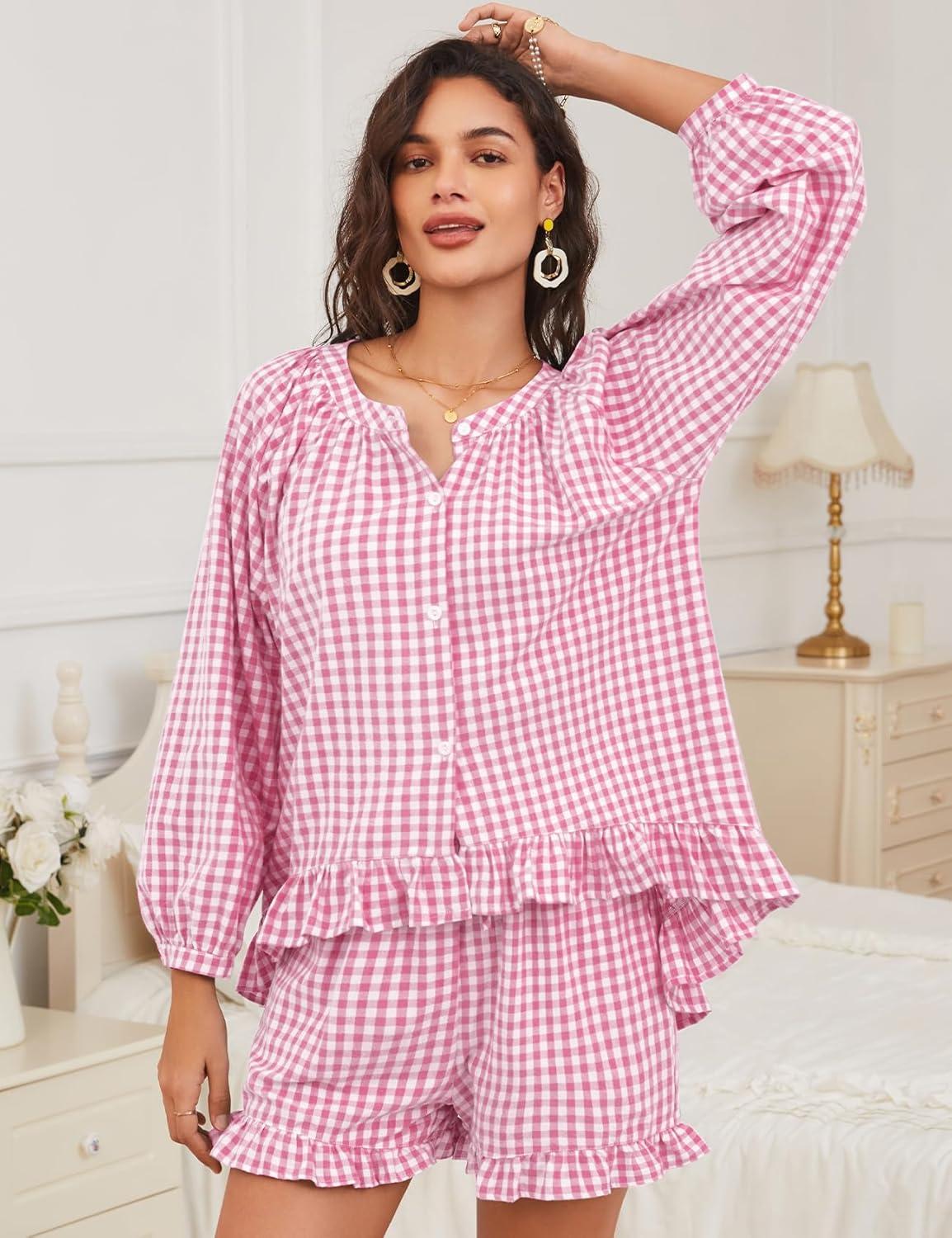 imageFlygo Women Gingham 2 Piece Pajama Sets Y2K Plaid Ruffle Short Sets Raglan Sleeve Shirt Lounge Shorts Sleepwear with PocketsPink