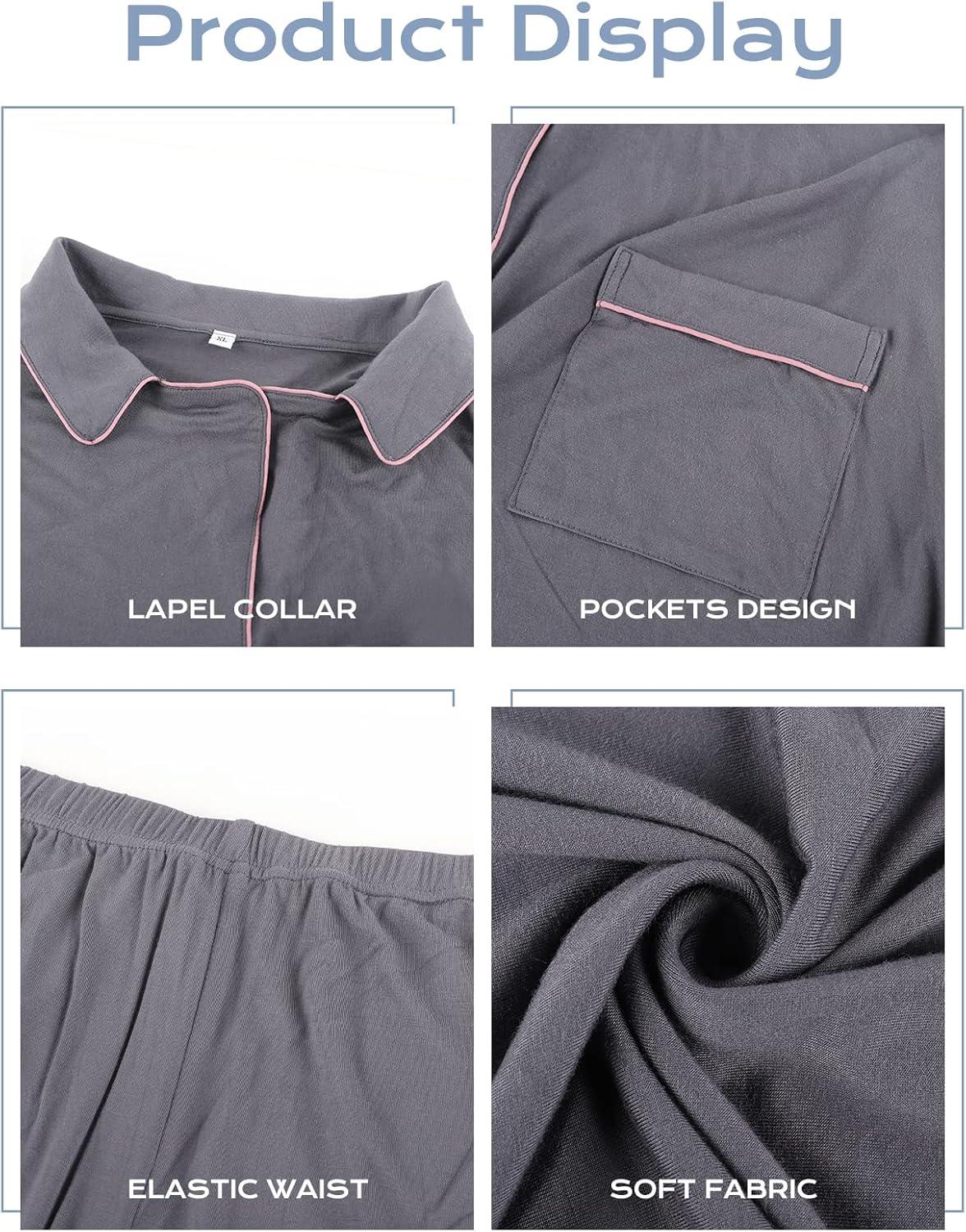 imageFlygo Women Pajamas Set Soft Button Down Sleepwear Short Sleeve Pjs Set Loungewear with PocketsBlackS
