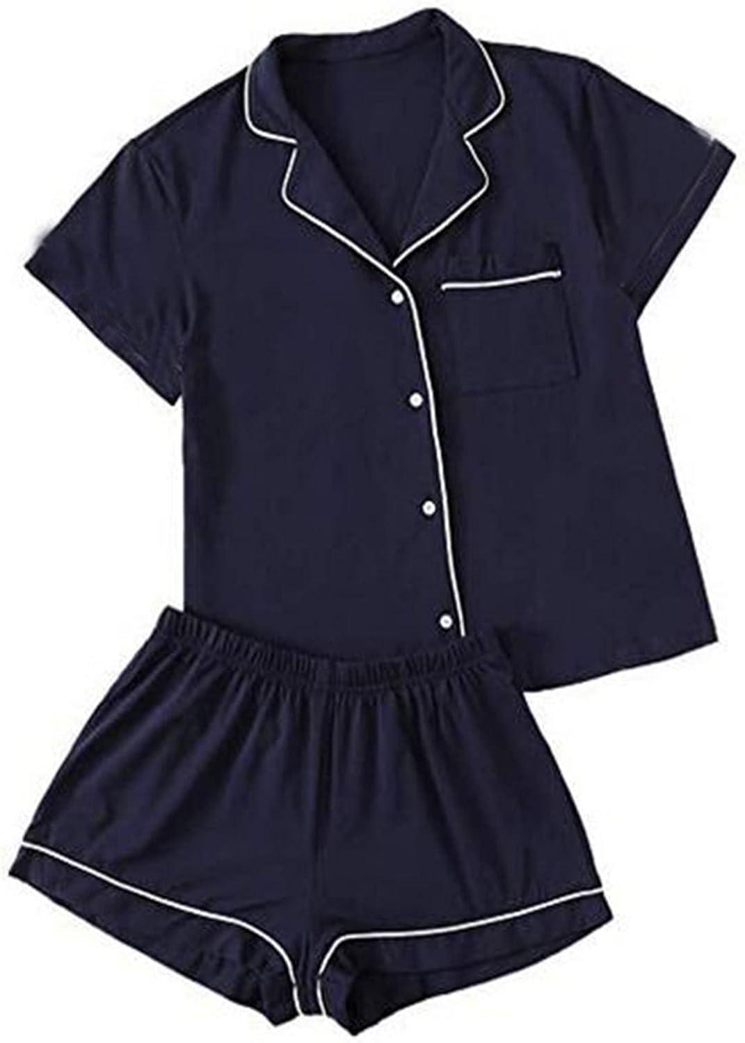 imageFlygo Women Pajamas Set Soft Button Down Sleepwear Short Sleeve Pjs Set Loungewear with PocketsBlackS