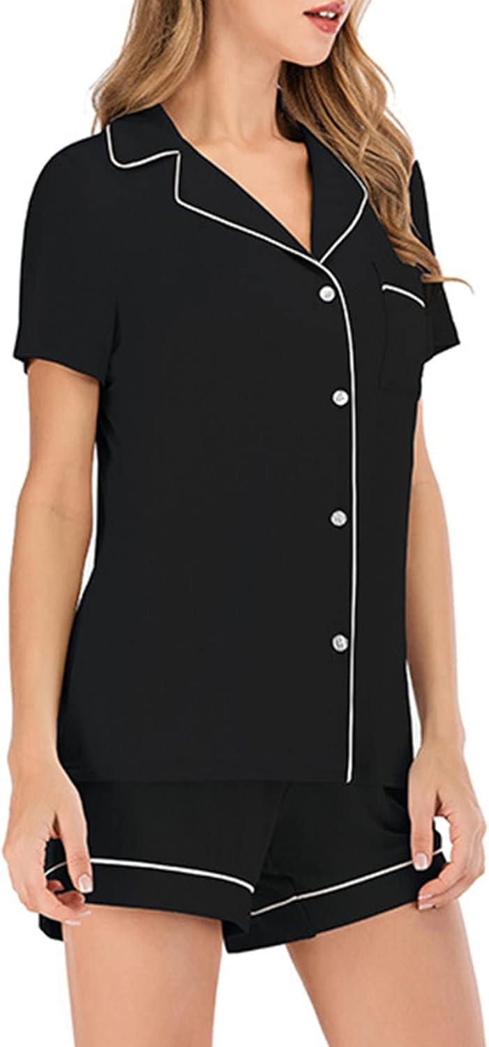 imageFlygo Women Pajamas Set Soft Button Down Sleepwear Short Sleeve Pjs Set Loungewear with PocketsBlackS