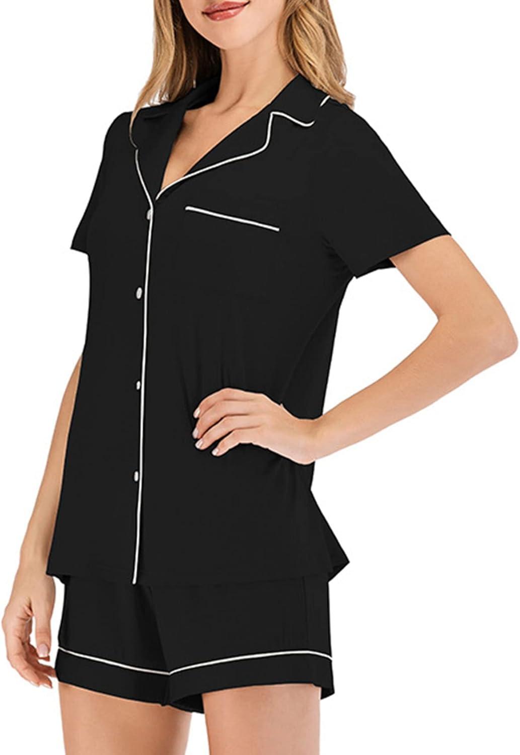 imageFlygo Women Pajamas Set Soft Button Down Sleepwear Short Sleeve Pjs Set Loungewear with PocketsBlackS