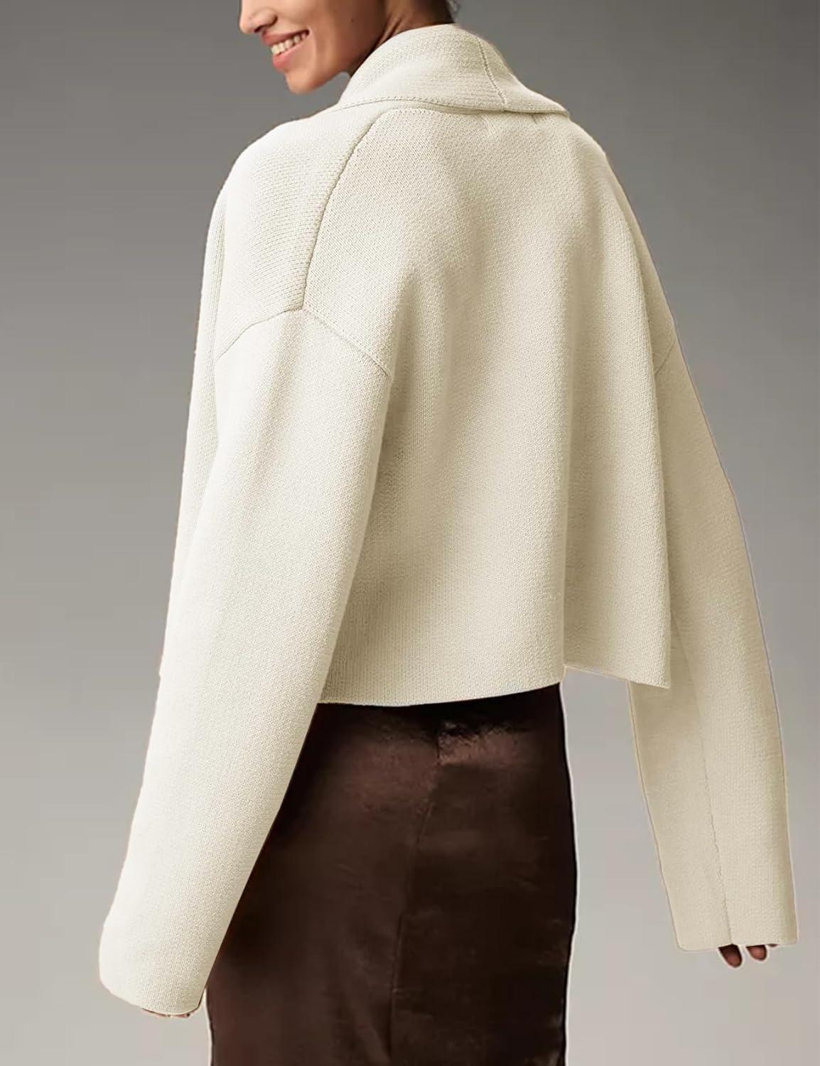 imageFlygo Womens Cropped Cardigan Sweater Oversized Shawl Lapel 2025 Fall Fashion Open Front Sweater Jacket Knit OutwearBeige