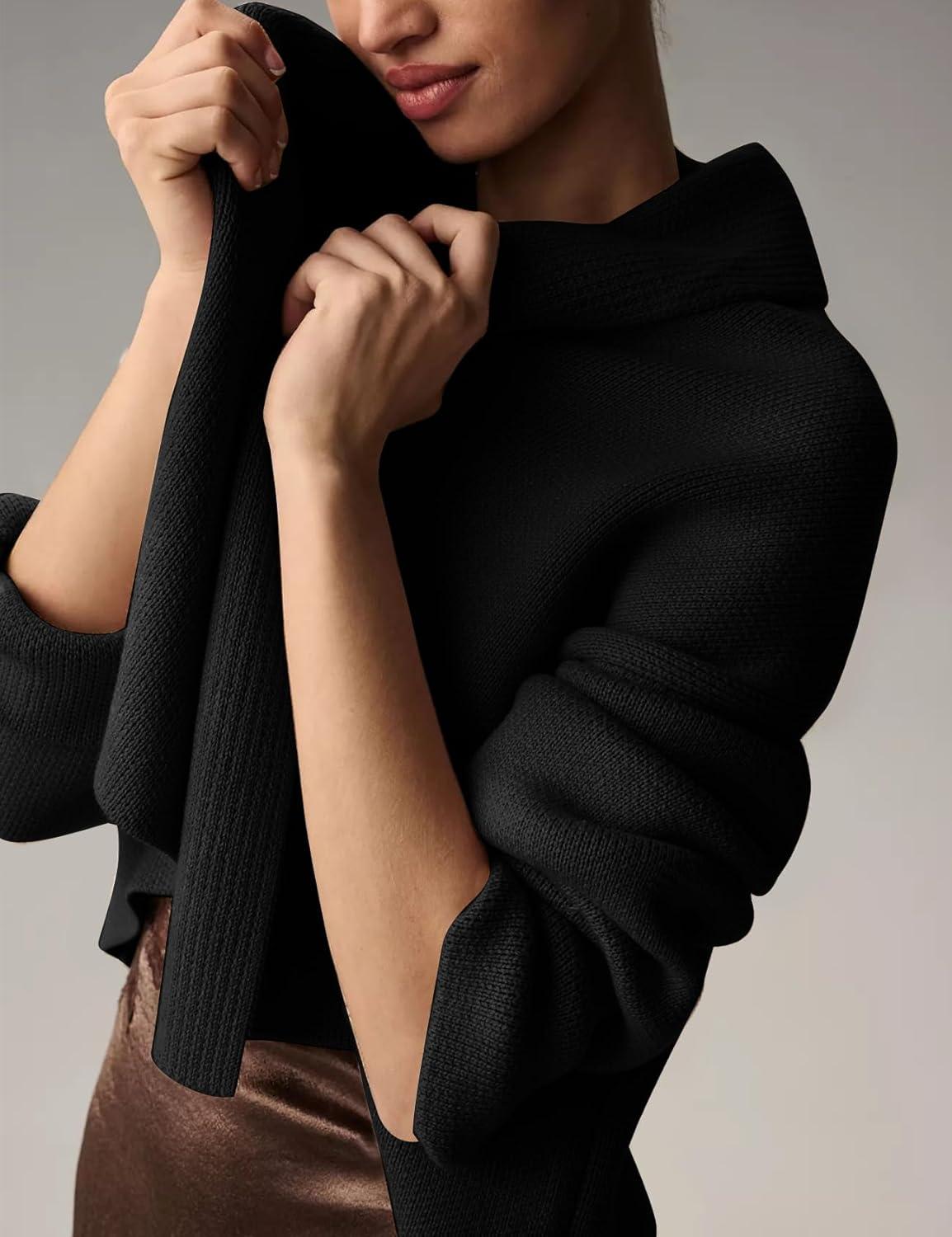 imageFlygo Womens Cropped Cardigan Sweater Oversized Shawl Lapel 2025 Fall Fashion Open Front Sweater Jacket Knit OutwearBlack
