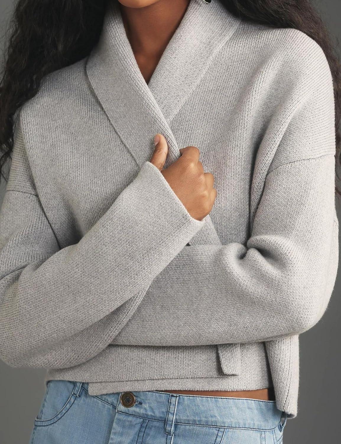 imageFlygo Womens Cropped Cardigan Sweater Oversized Shawl Lapel 2025 Fall Fashion Open Front Sweater Jacket Knit OutwearGrey