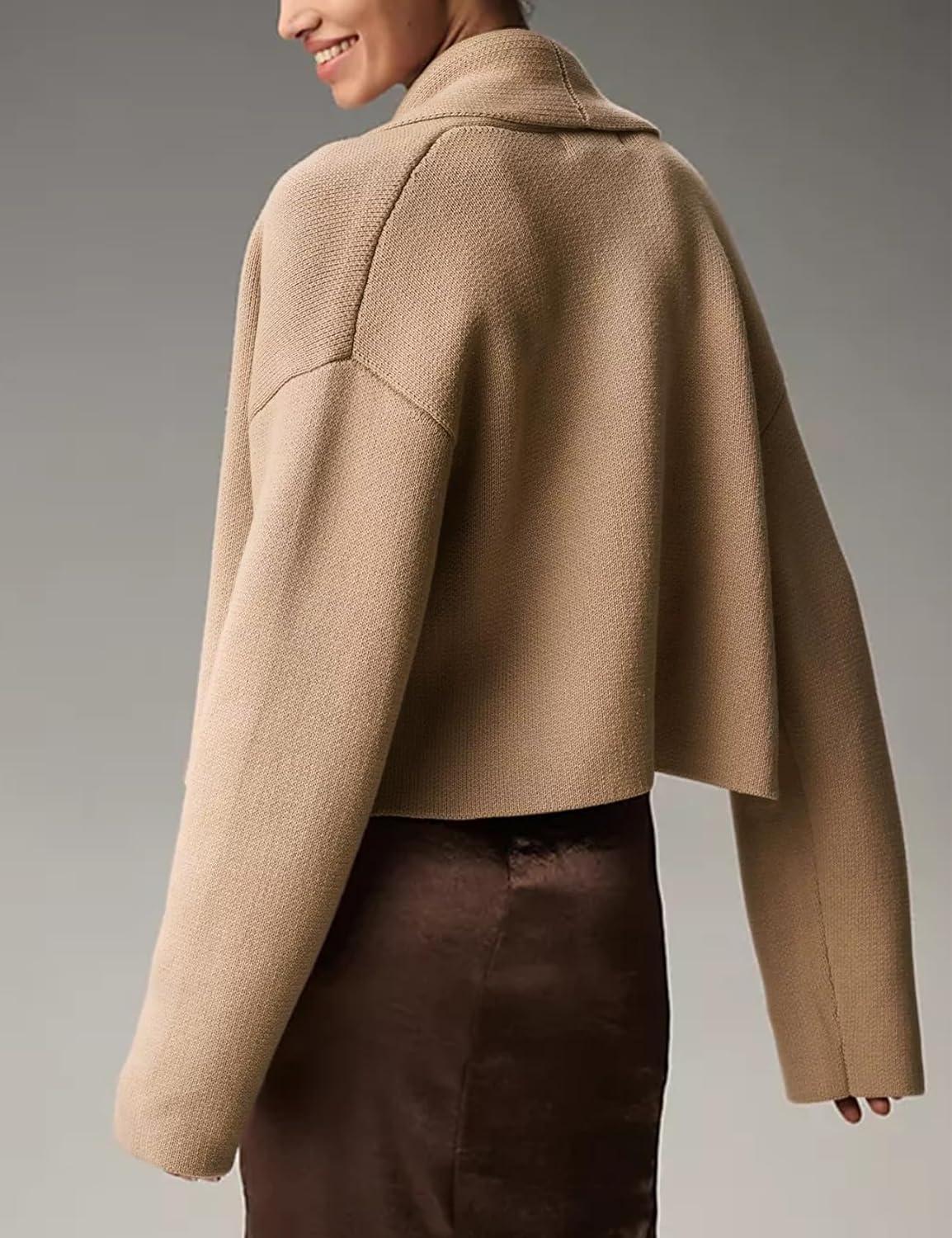 imageFlygo Womens Cropped Cardigan Sweater Oversized Shawl Lapel 2025 Fall Fashion Open Front Sweater Jacket Knit OutwearKhaki