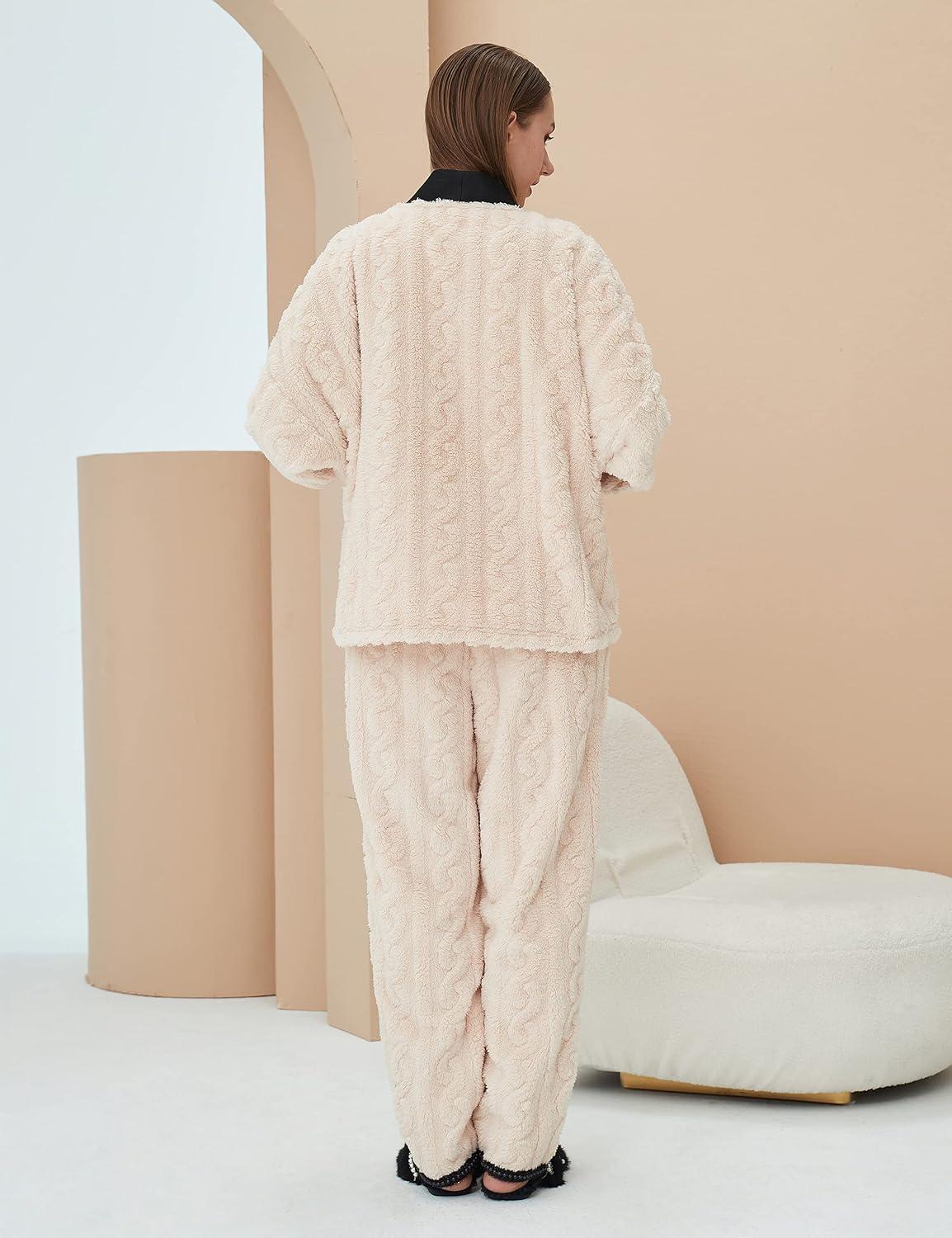 imageFlygo Womens Fluffy Pajama Sets Plush Fleece Tops Pants Loose Fuzzy Sleepwear LoungewearBeige