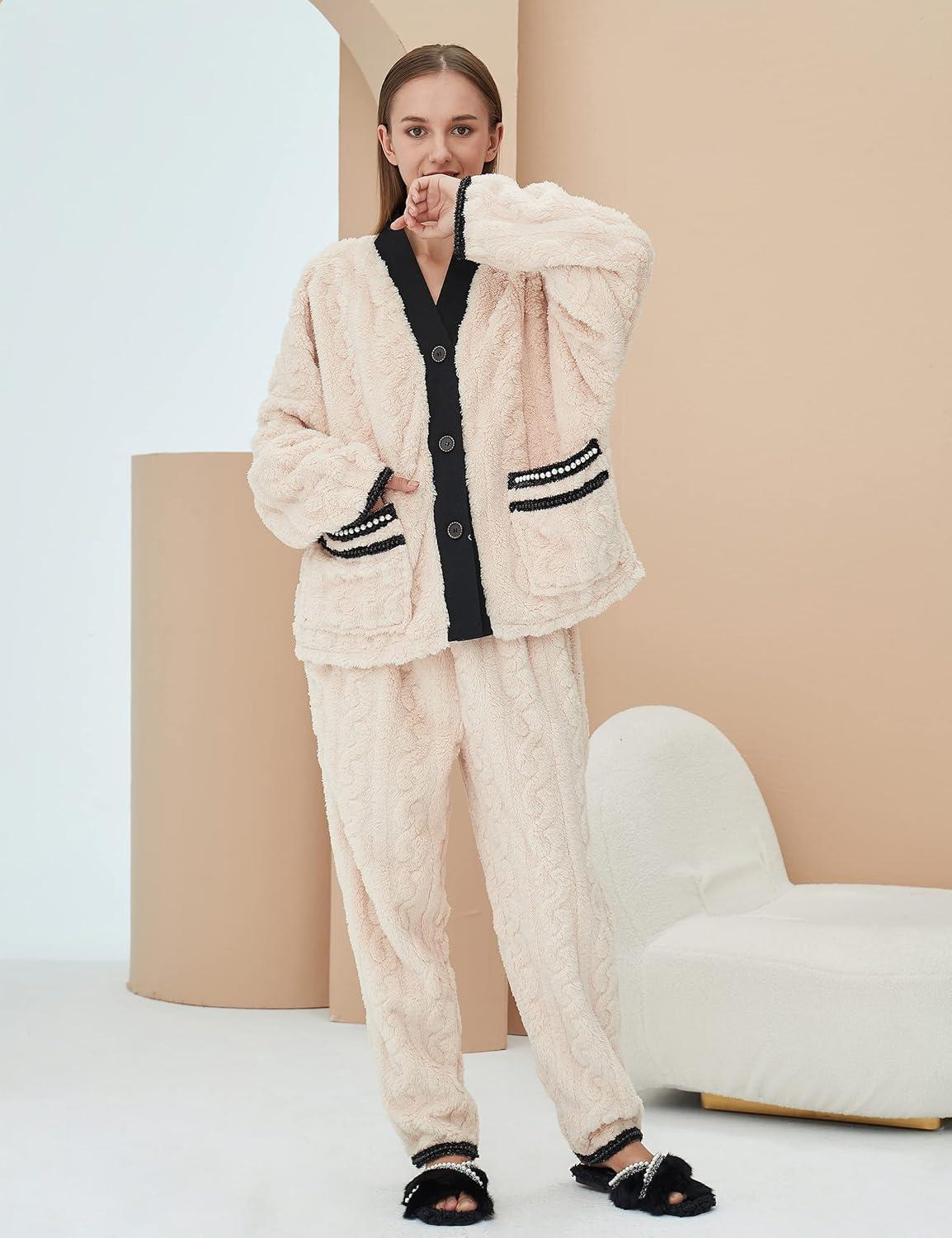 imageFlygo Womens Fluffy Pajama Sets Plush Fleece Tops Pants Loose Fuzzy Sleepwear LoungewearBeige