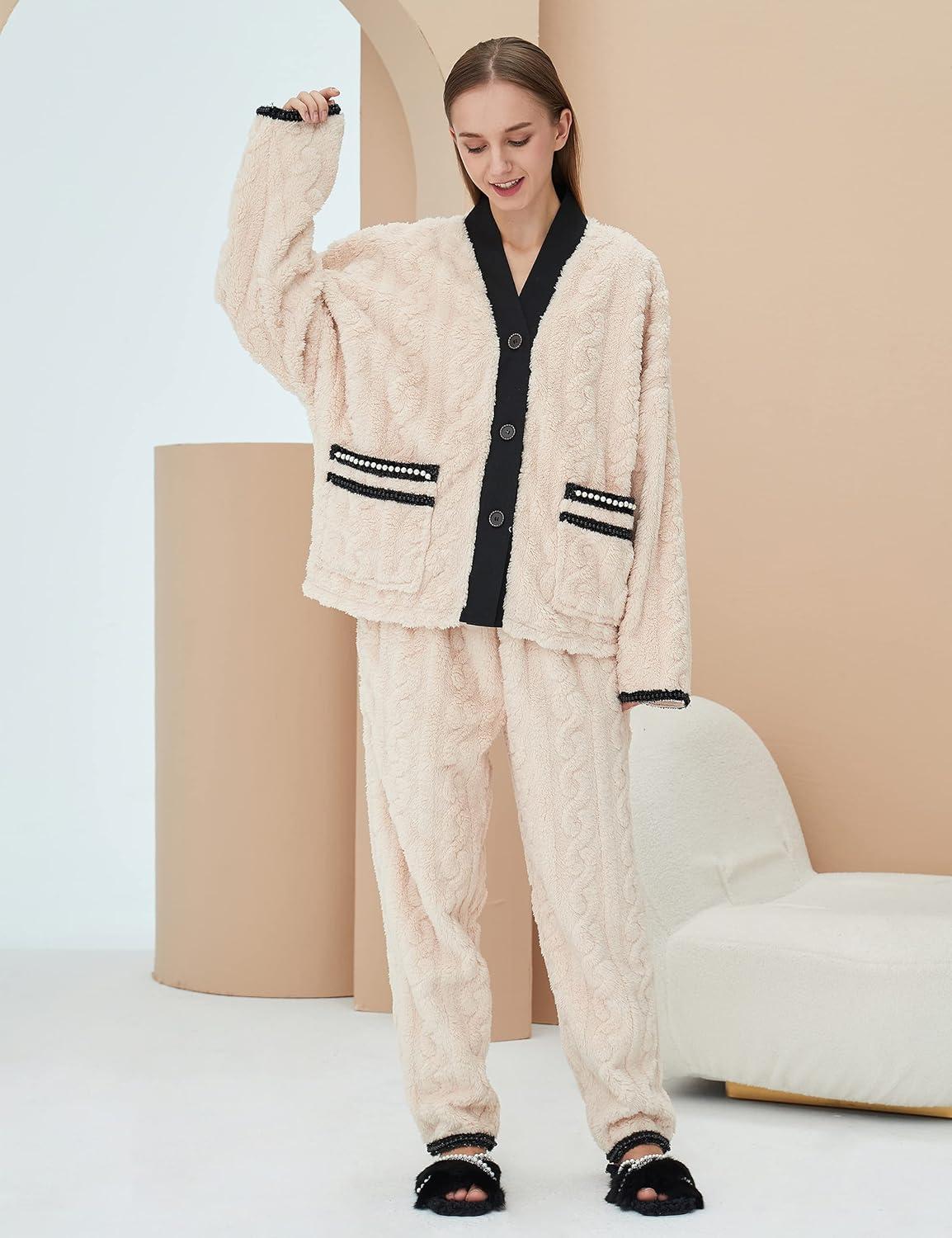 imageFlygo Womens Fluffy Pajama Sets Plush Fleece Tops Pants Loose Fuzzy Sleepwear LoungewearBeige