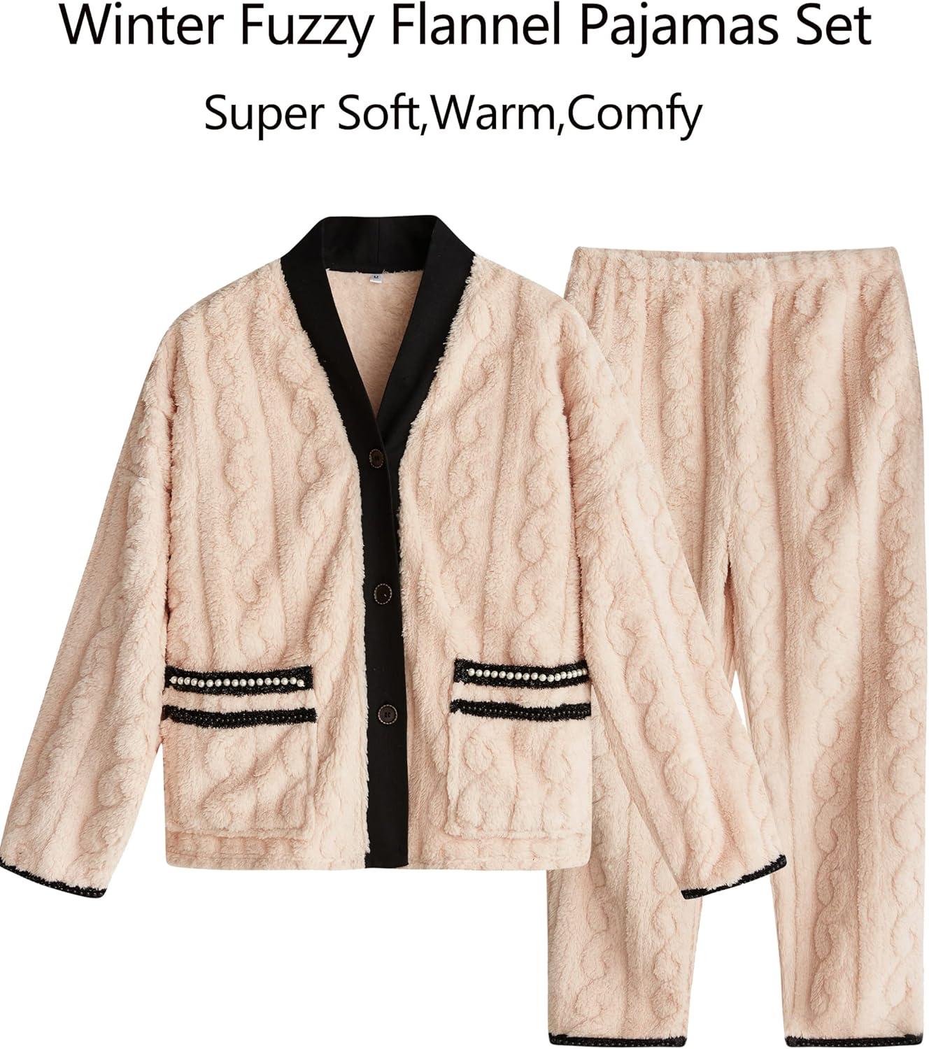 imageFlygo Womens Fluffy Pajama Sets Plush Fleece Tops Pants Loose Fuzzy Sleepwear LoungewearBeige