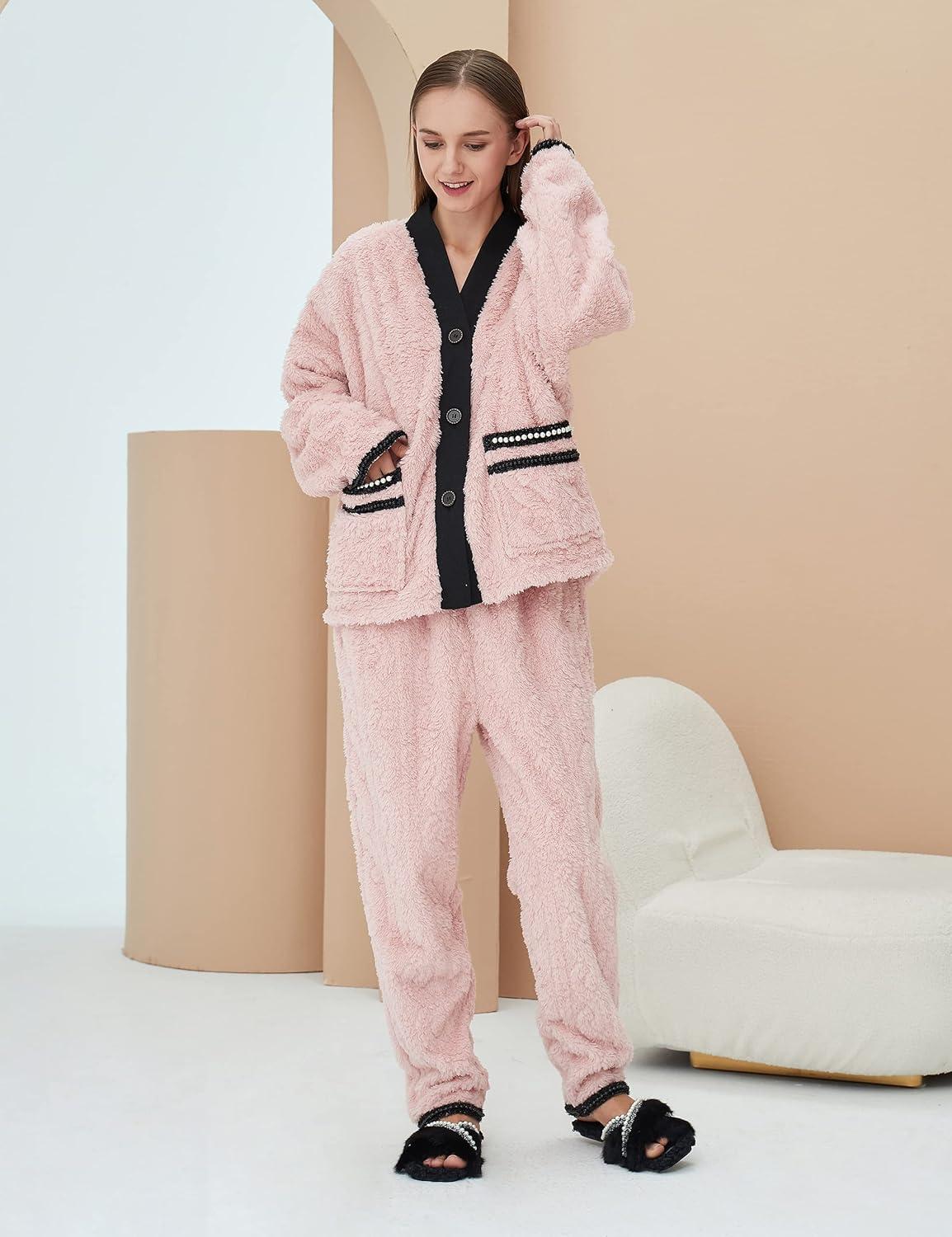 imageFlygo Womens Fluffy Pajama Sets Plush Fleece Tops Pants Loose Fuzzy Sleepwear LoungewearPink