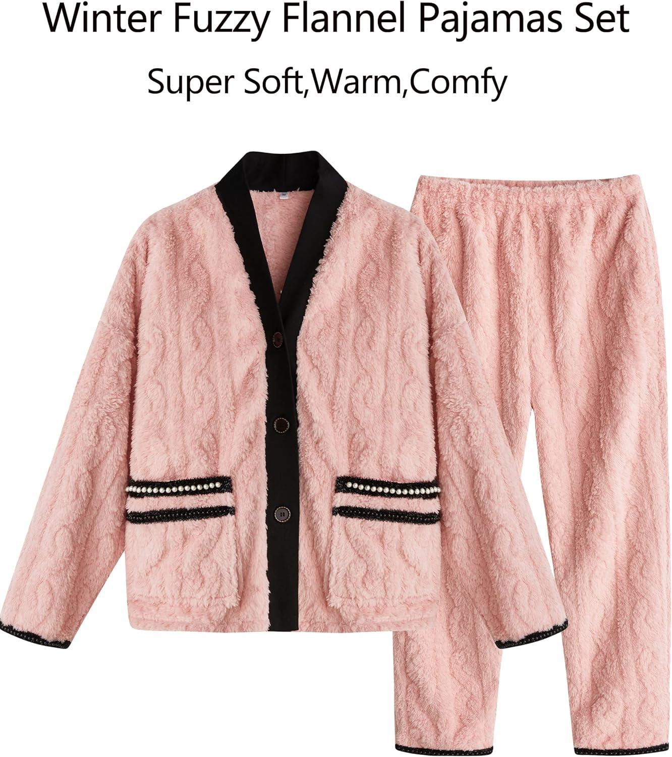 imageFlygo Womens Fluffy Pajama Sets Plush Fleece Tops Pants Loose Fuzzy Sleepwear LoungewearPink