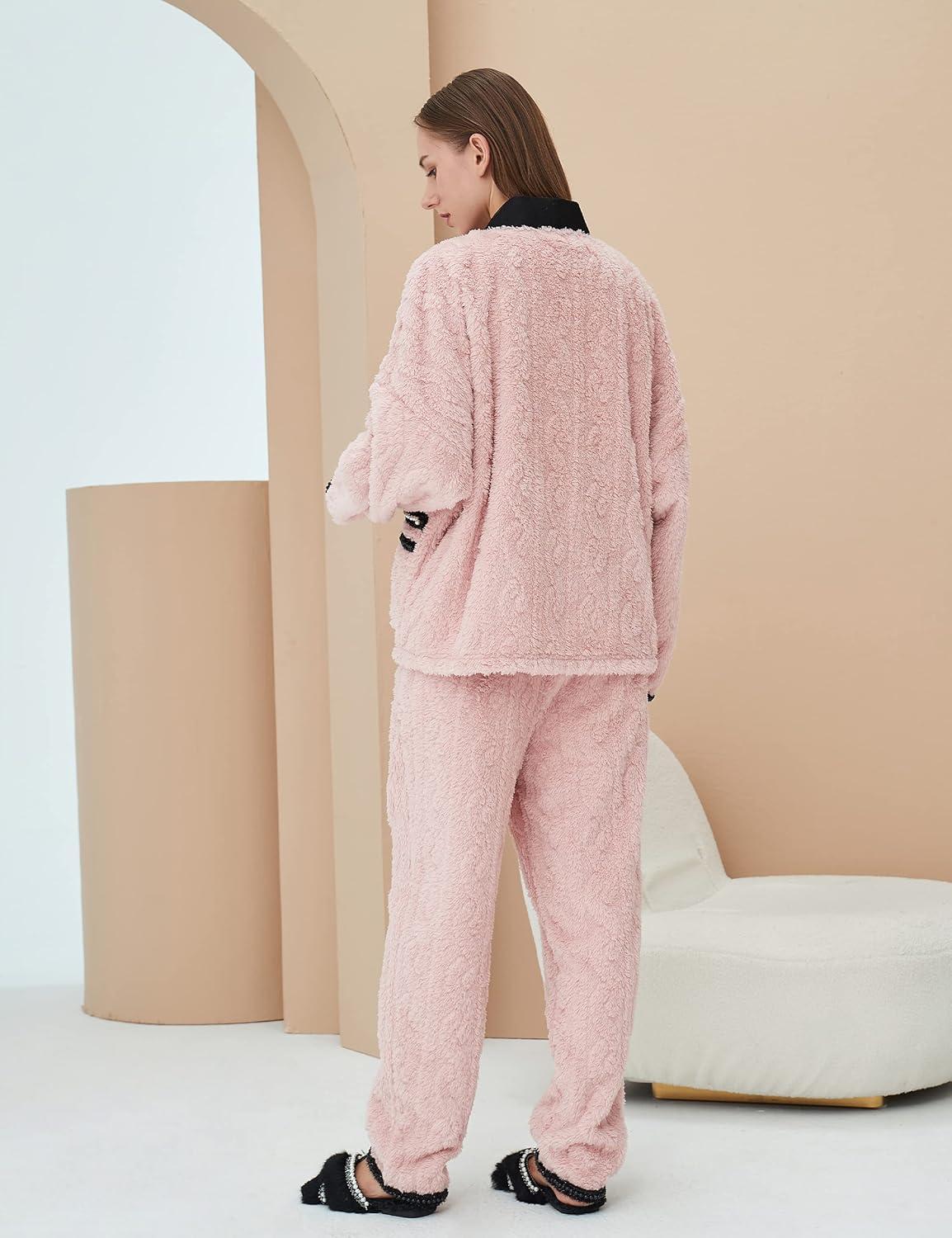 imageFlygo Womens Fluffy Pajama Sets Plush Fleece Tops Pants Loose Fuzzy Sleepwear LoungewearPink