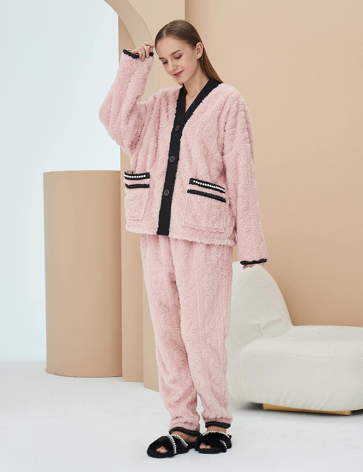 imageFlygo Womens Fluffy Pajama Sets Plush Fleece Tops Pants Loose Fuzzy Sleepwear LoungewearPink