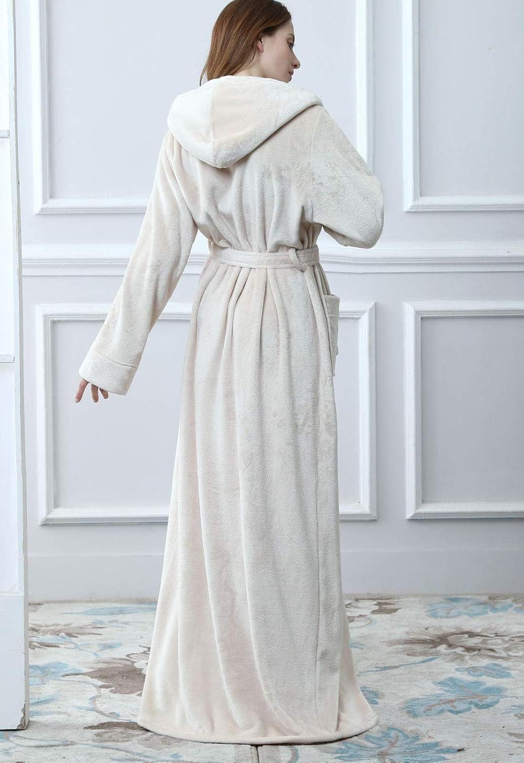 imageFlygo Womens Fuzzy Plush Long Hooded Robe Full Length Flannel Fleece Bathrobe Warm Housecoat Beige Medium