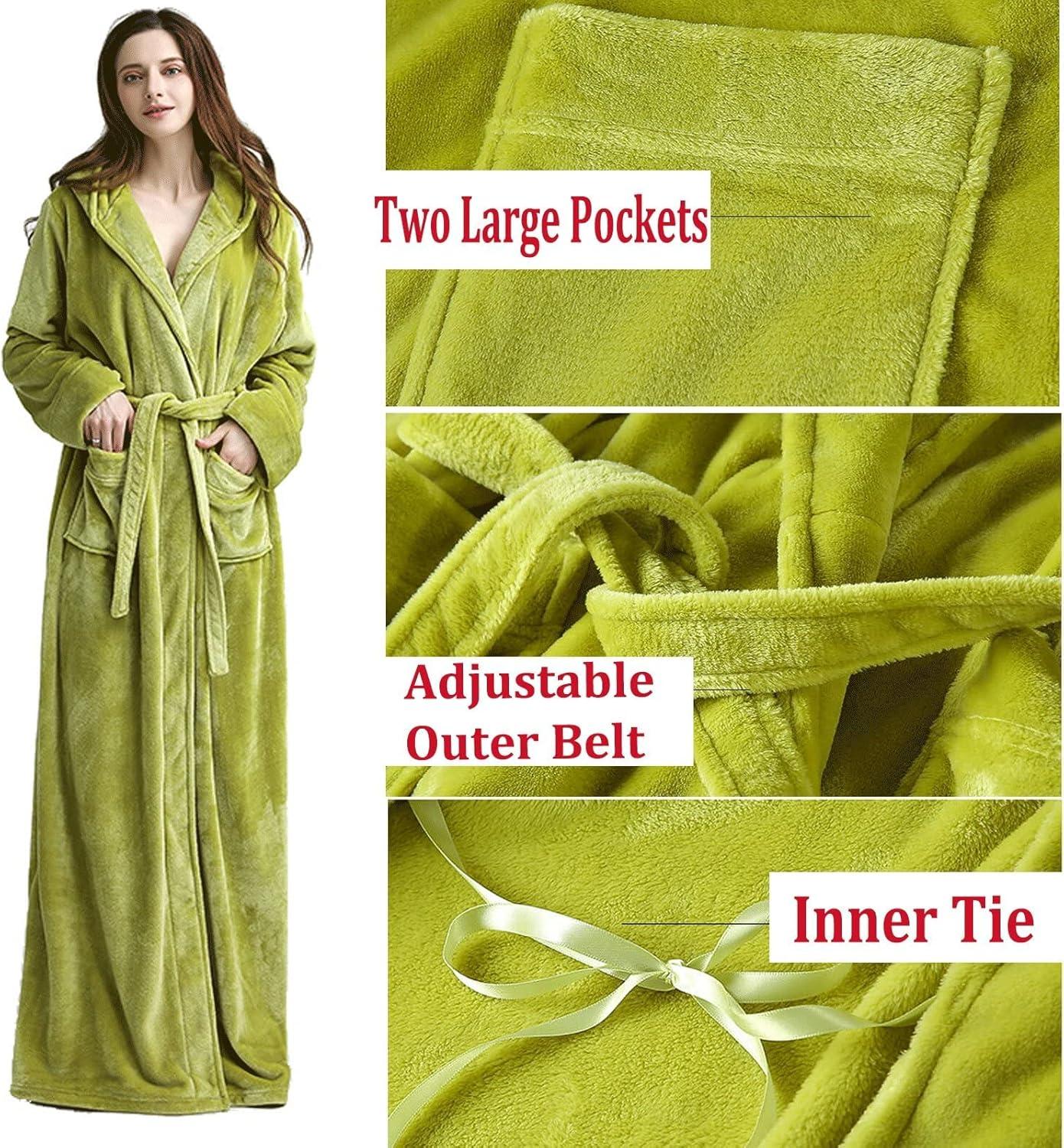 imageFlygo Womens Fuzzy Plush Long Hooded Robe Full Length Flannel Fleece Bathrobe Warm Housecoat Beige Medium