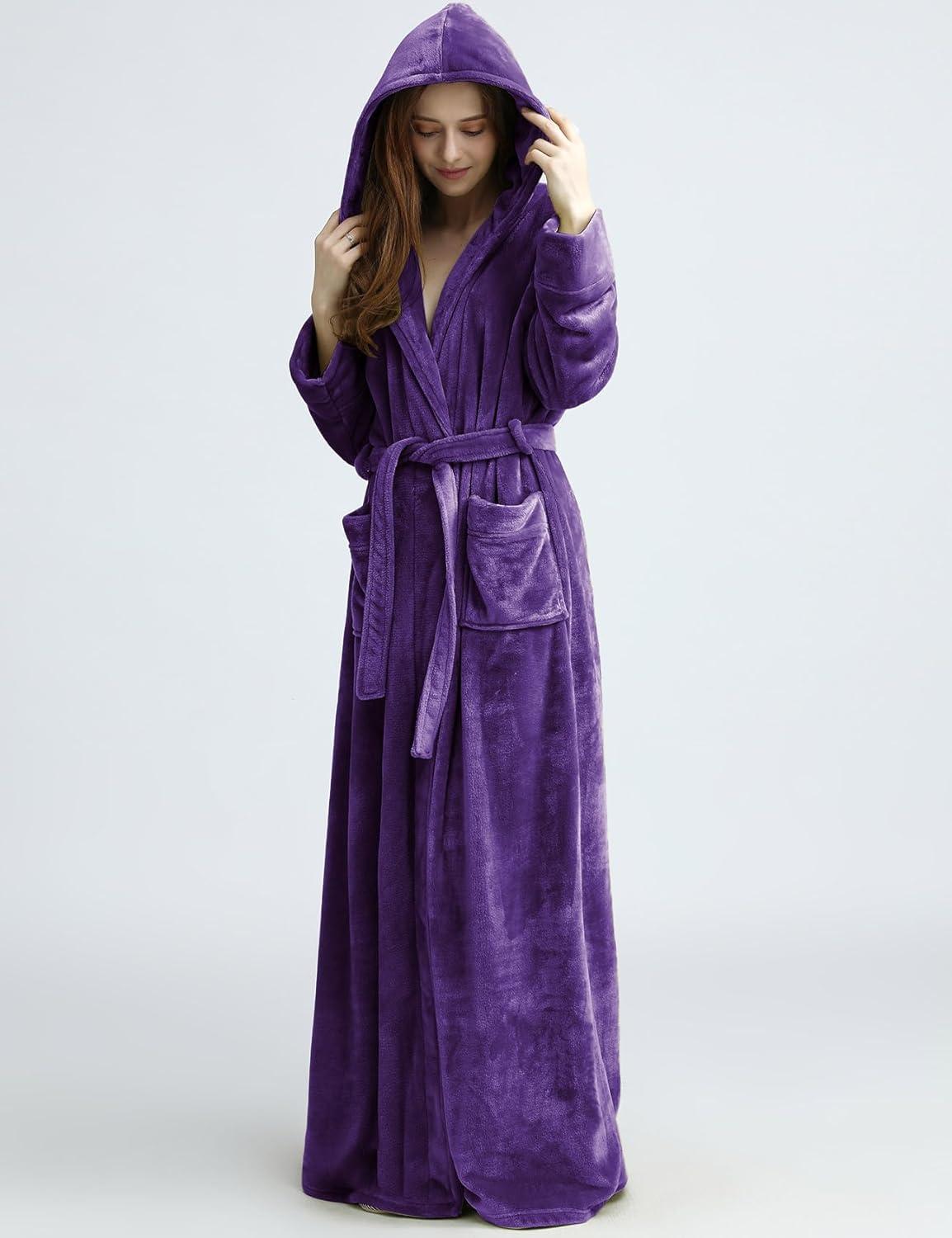 imageFlygo Womens Fuzzy Plush Long Hooded Robe Full Length Flannel Fleece Bathrobe Warm HousecoatDark Purple