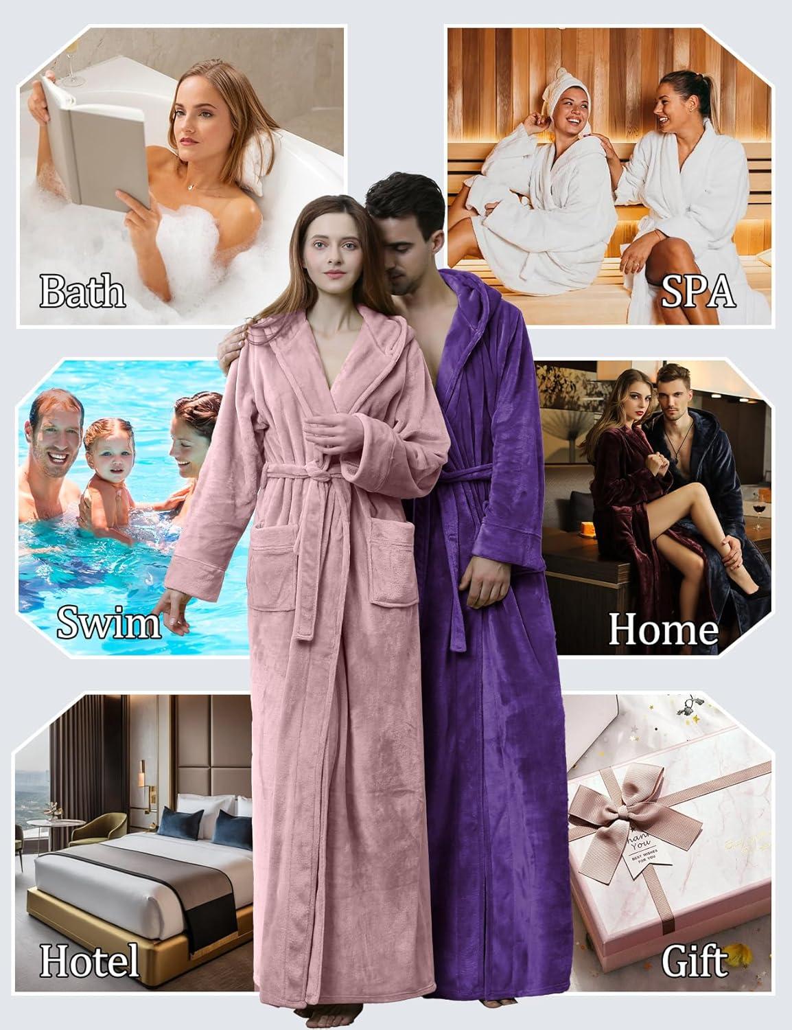 imageFlygo Womens Fuzzy Plush Long Hooded Robe Full Length Flannel Fleece Bathrobe Warm HousecoatDark Purple