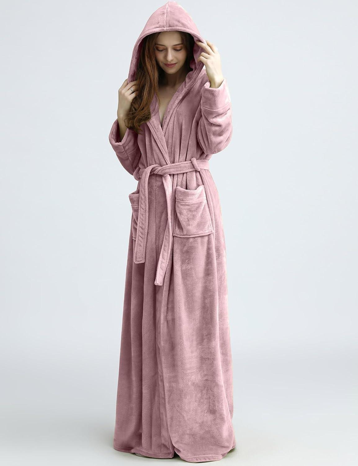 imageFlygo Womens Fuzzy Plush Long Hooded Robe Full Length Flannel Fleece Bathrobe Warm HousecoatDusty Pink