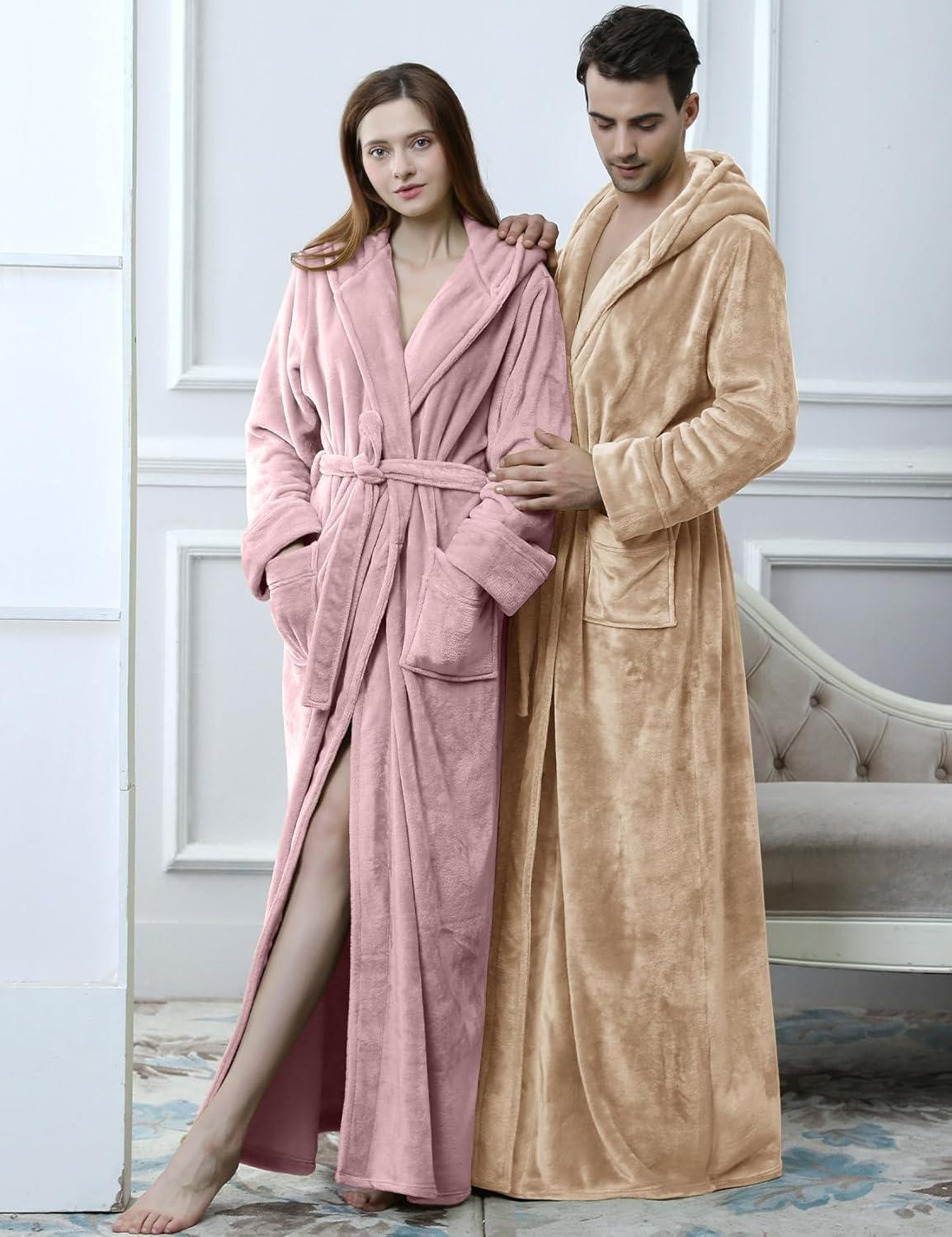 imageFlygo Womens Fuzzy Plush Long Hooded Robe Full Length Flannel Fleece Bathrobe Warm HousecoatDusty Pink