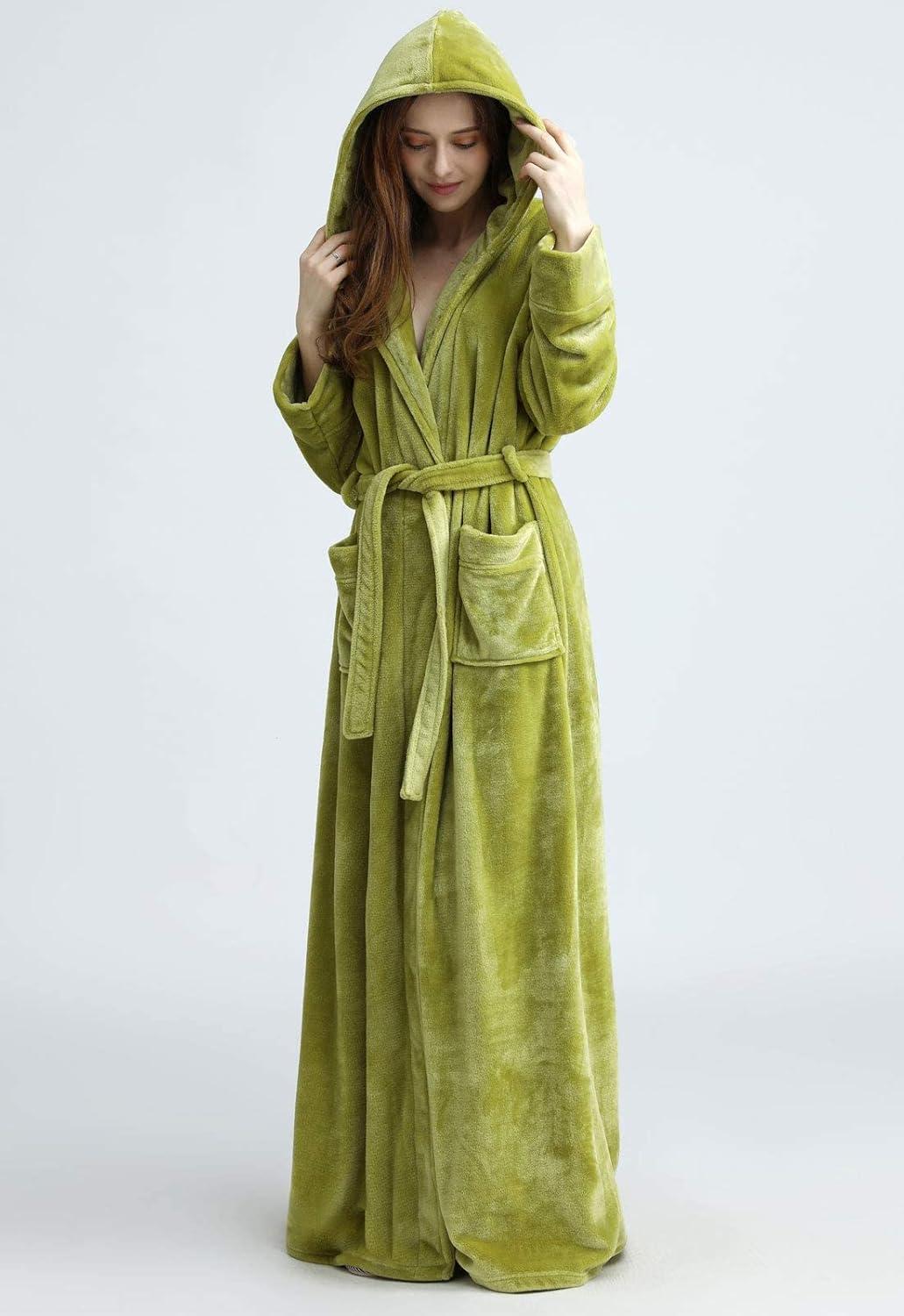 imageFlygo Womens Fuzzy Plush Long Hooded Robe Full Length Flannel Fleece Bathrobe Warm HousecoatGreen