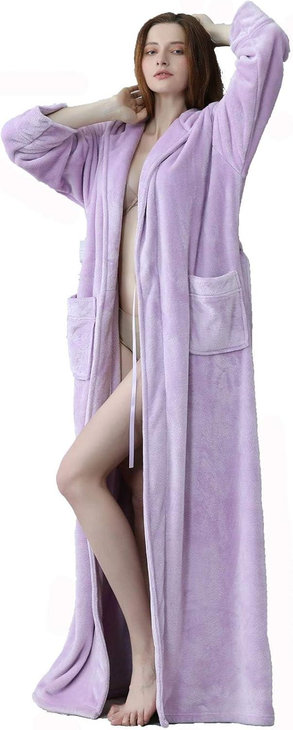 imageFlygo Womens Fuzzy Plush Long Hooded Robe Full Length Flannel Fleece Bathrobe Warm HousecoatLilac