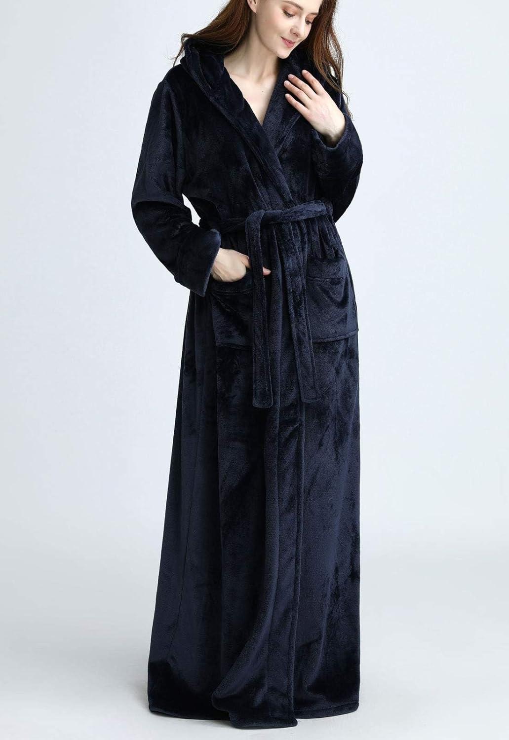 imageFlygo Womens Fuzzy Plush Long Hooded Robe Full Length Flannel Fleece Bathrobe Warm HousecoatNavy