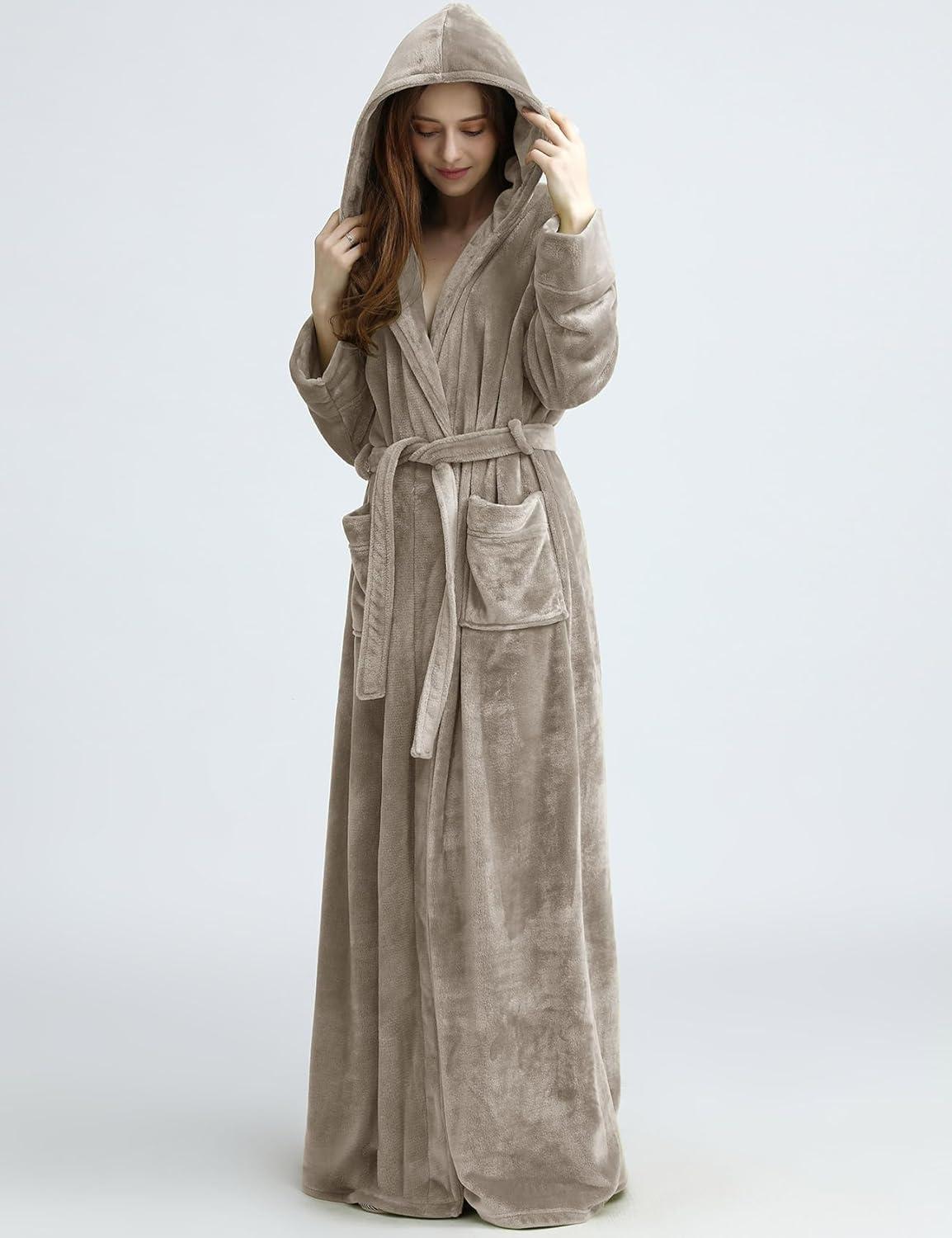 imageFlygo Womens Fuzzy Plush Long Hooded Robe Full Length Flannel Fleece Bathrobe Warm HousecoatOlive Grey