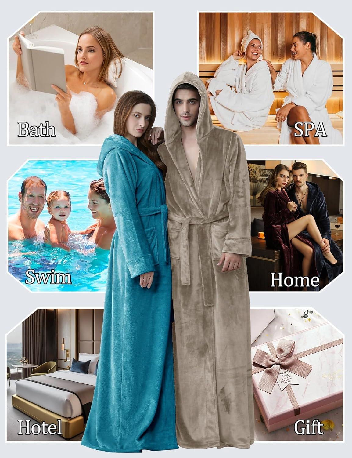 imageFlygo Womens Fuzzy Plush Long Hooded Robe Full Length Flannel Fleece Bathrobe Warm HousecoatTurquoise