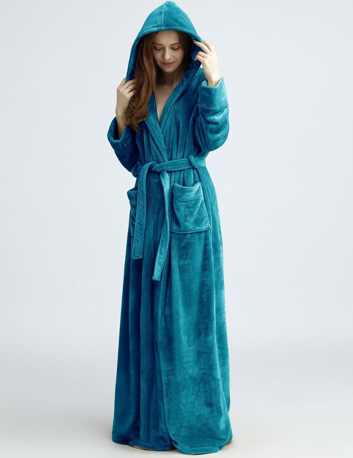 imageFlygo Womens Fuzzy Plush Long Hooded Robe Full Length Flannel Fleece Bathrobe Warm HousecoatTurquoise