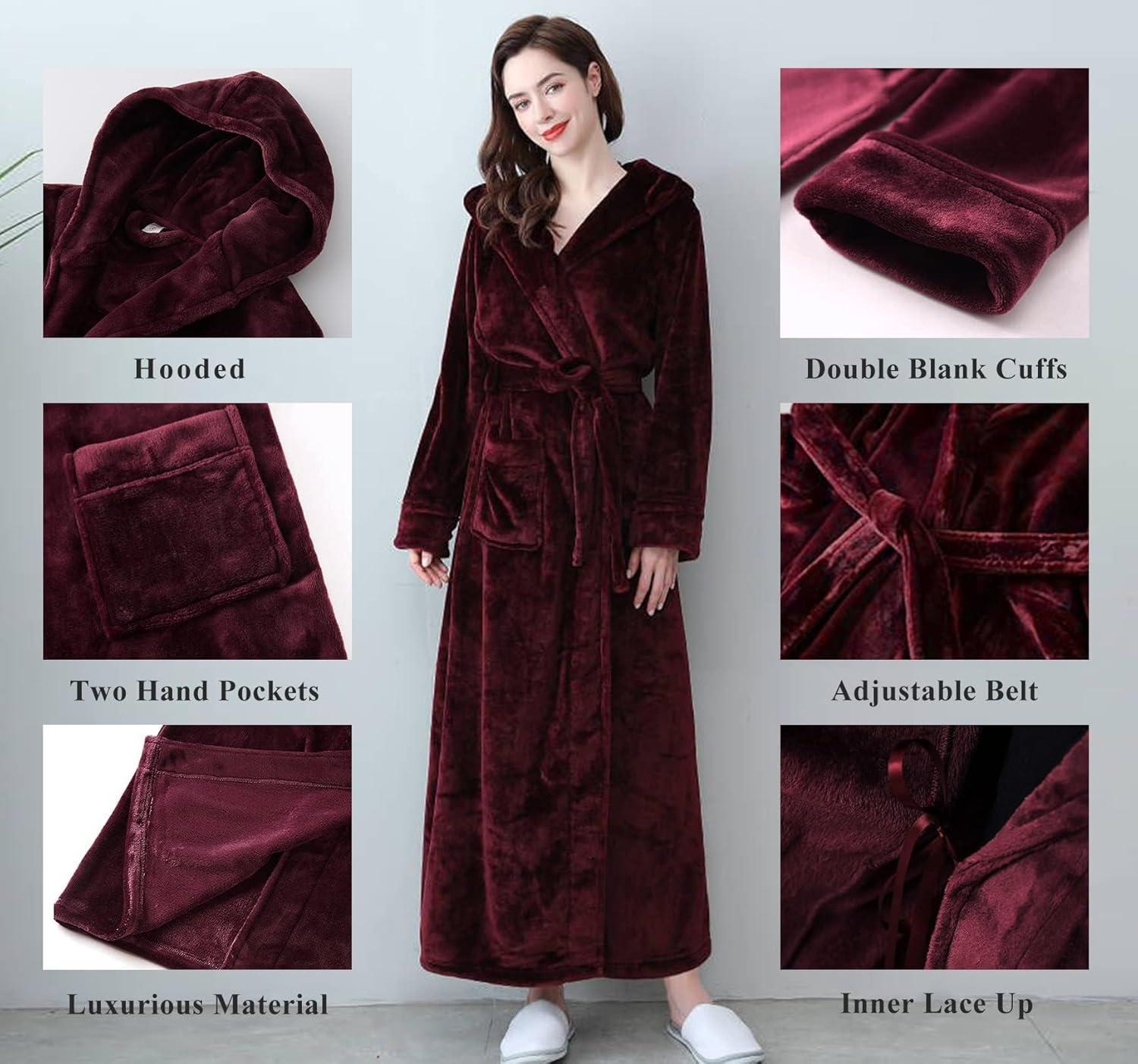 imageFlygo Womens Fuzzy Plush Long Hooded Robe Full Length Flannel Fleece Bathrobe Warm HousecoatWine Red