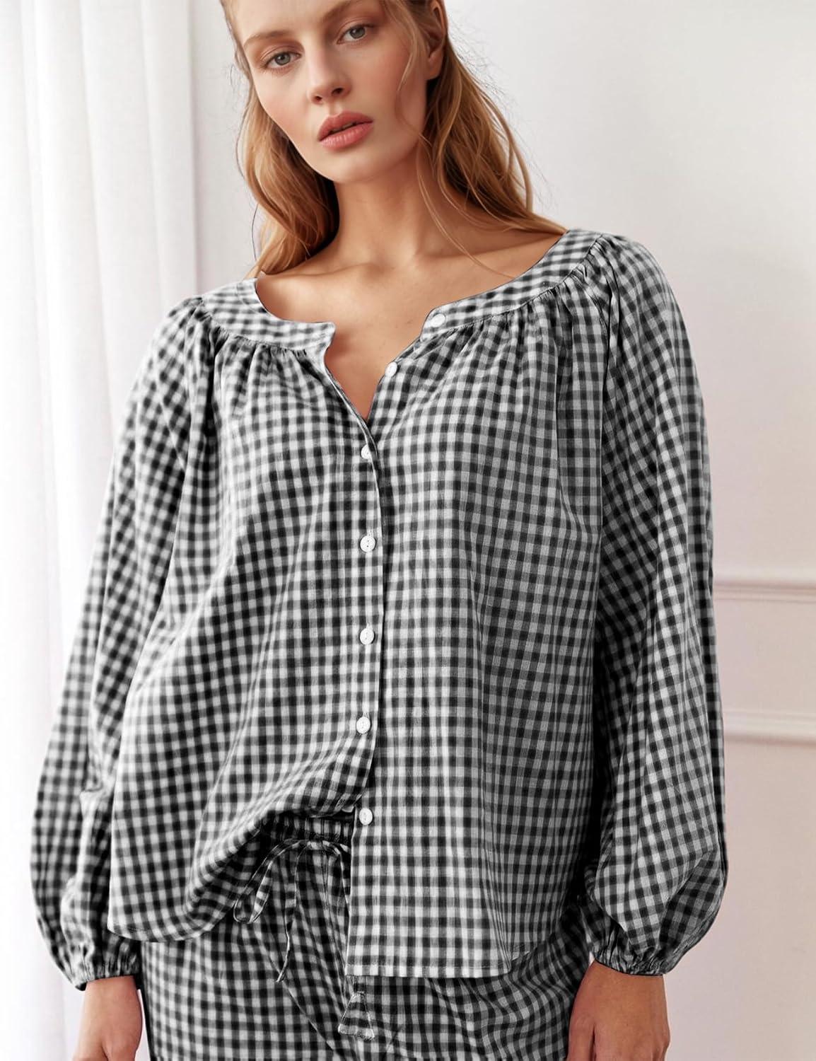 imageFlygo Womens Gingham Pajama Set 2 Piece Cotton Plaid Raglan Sleeve Button Top Straight Leg Pants Pjs Y2K Lounge Set SleepwearBlack
