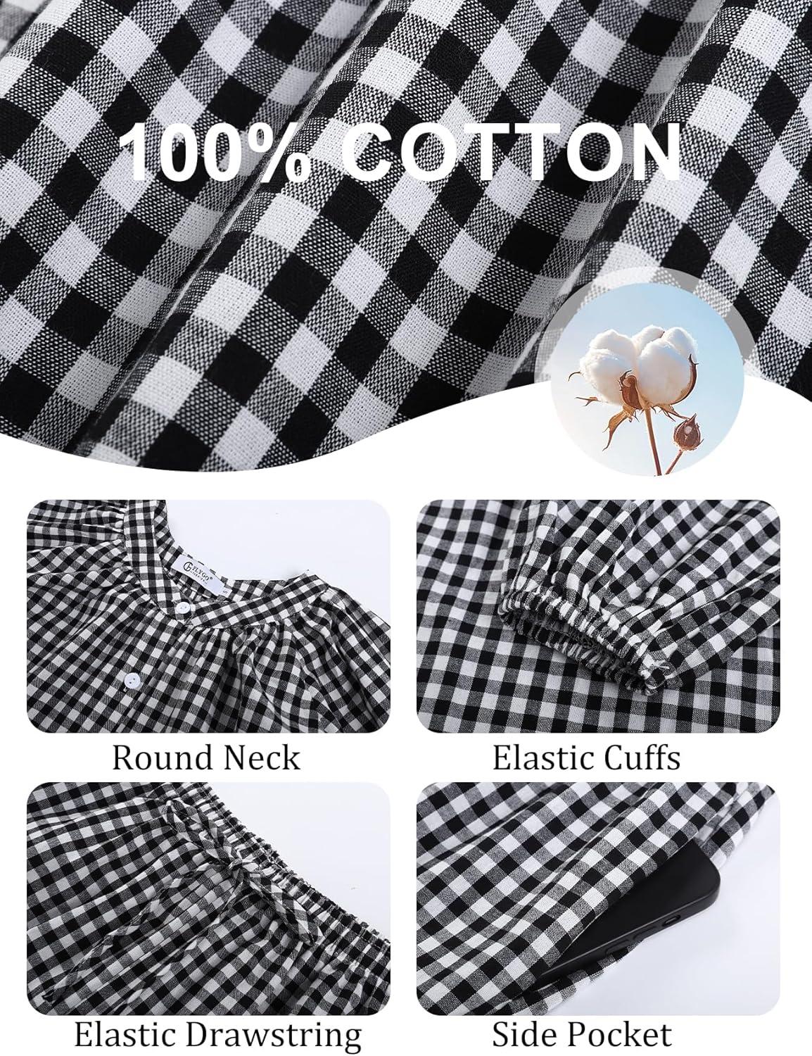 imageFlygo Womens Gingham Pajama Set 2 Piece Cotton Plaid Raglan Sleeve Button Top Straight Leg Pants Pjs Y2K Lounge Set SleepwearBlack