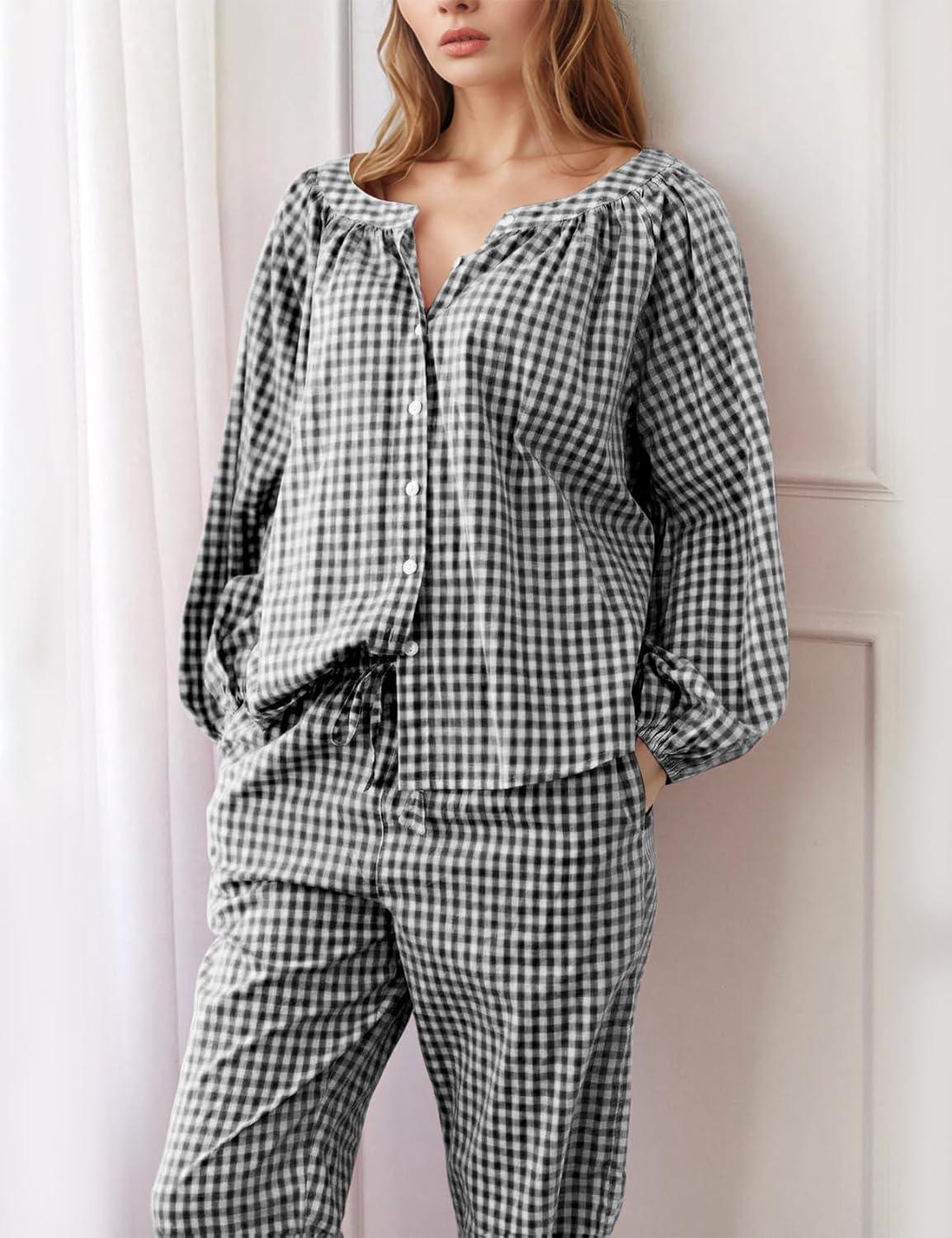 imageFlygo Womens Gingham Pajama Set 2 Piece Cotton Plaid Raglan Sleeve Button Top Straight Leg Pants Pjs Y2K Lounge Set SleepwearBlack